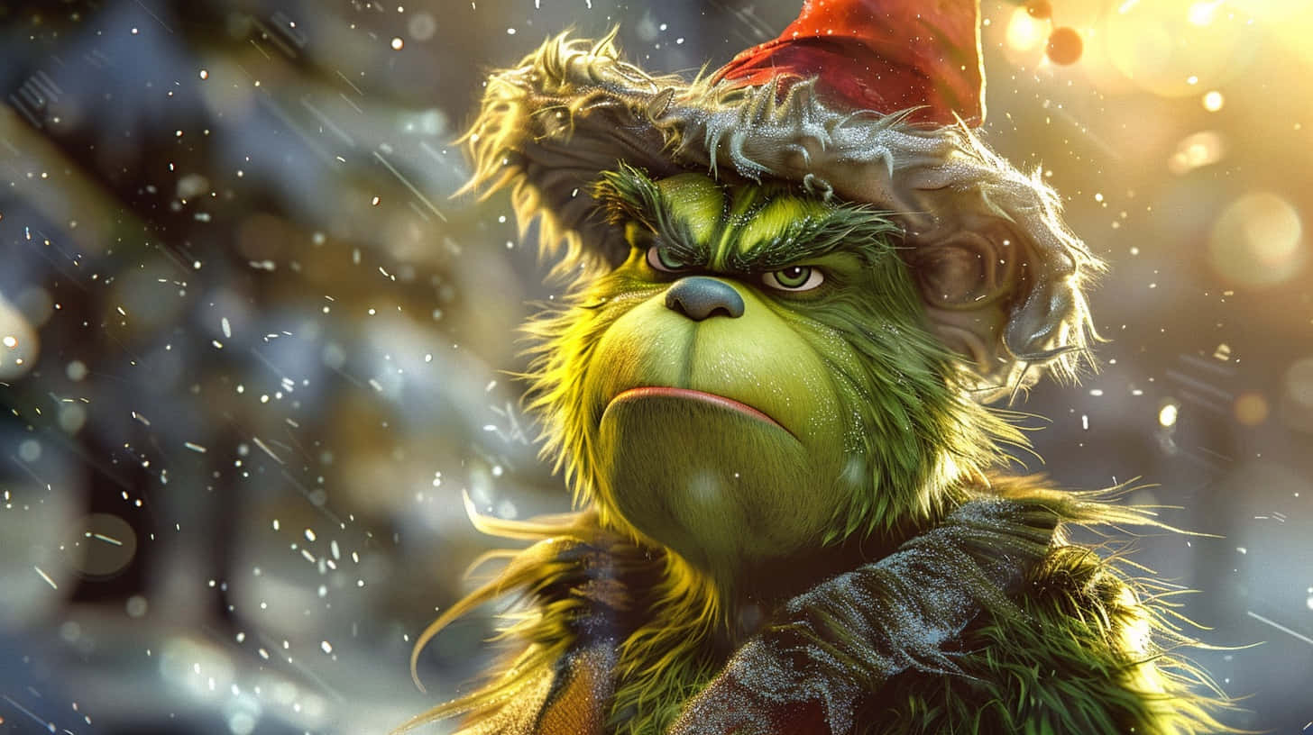  壁紙 — 戴紅色帽子的聖誕怪傑在白雪皚皚的背景中，金色陽光穿過飄落的雪花，兇狠地瞪著眼。
