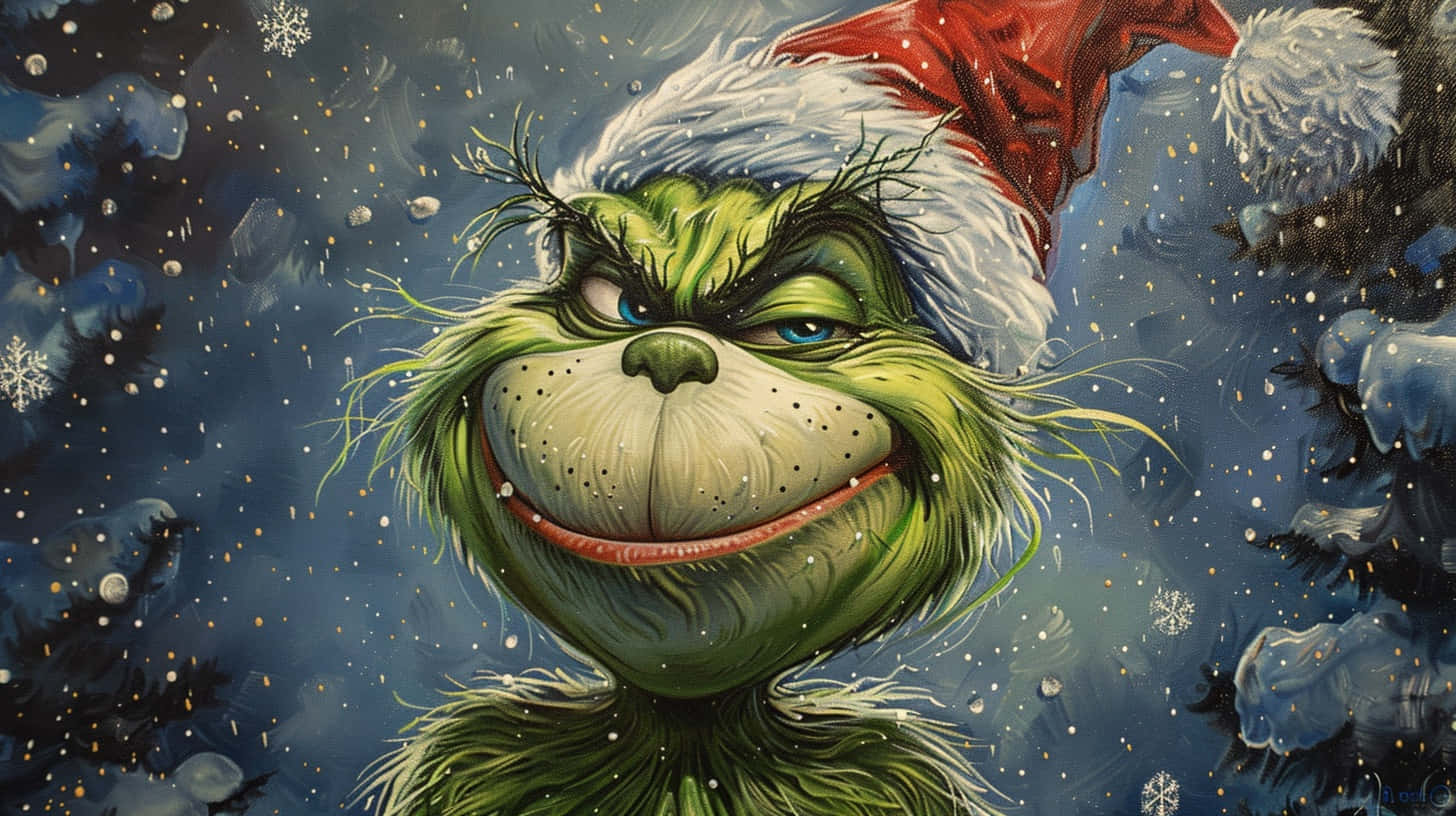 壁紙 — 聖誕怪傑戴著聖誕帽，在飄雪的冬夜天空中露出狡黠的笑容。