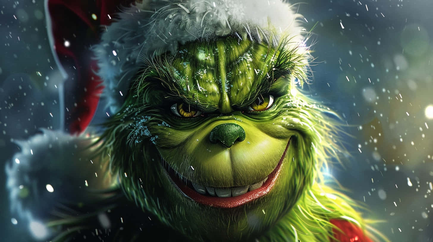  壁紙 — 聖誕怪傑（Grinch）披著雪白的毛皮，戴著聖誕帽，在黑暗的冬日背景下，伴隨著飄落的雪花，露出頑皮的眼神。