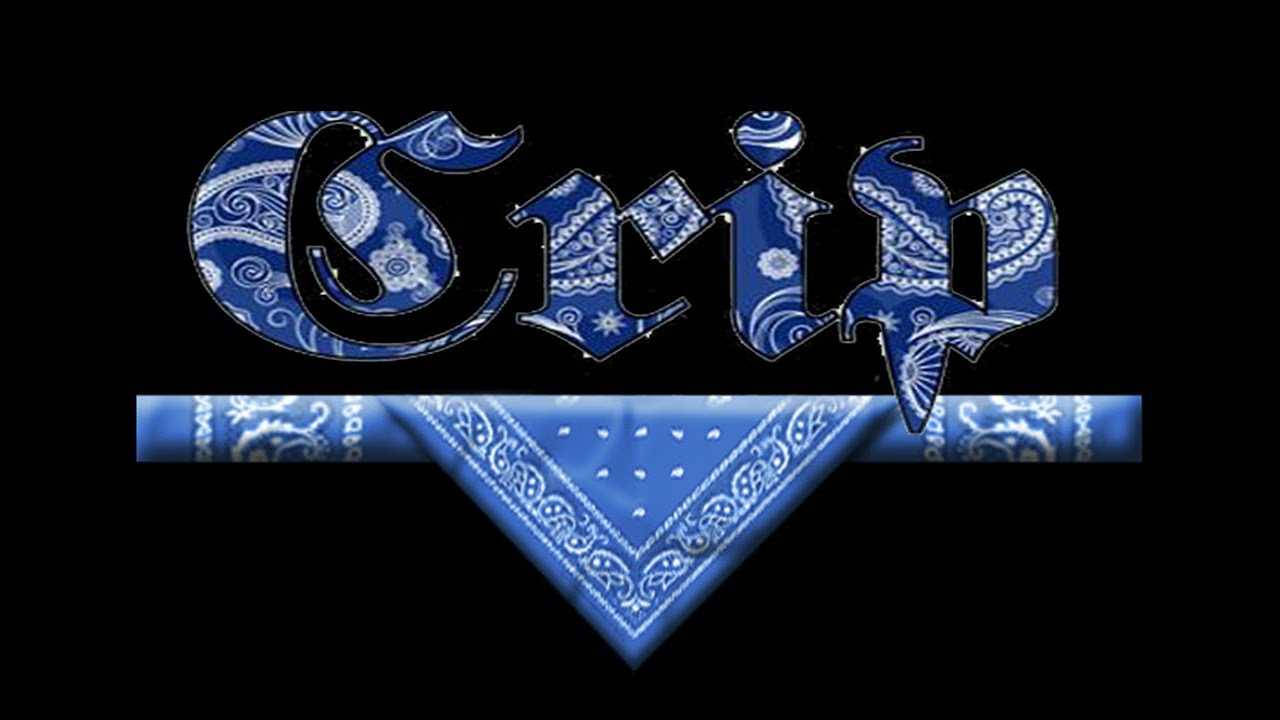 Crip 桌布 壁紙 — 「Grip」一詞以粗體藍色佩斯利圖案設計，下方配以相配的頭巾，背景為黑色。