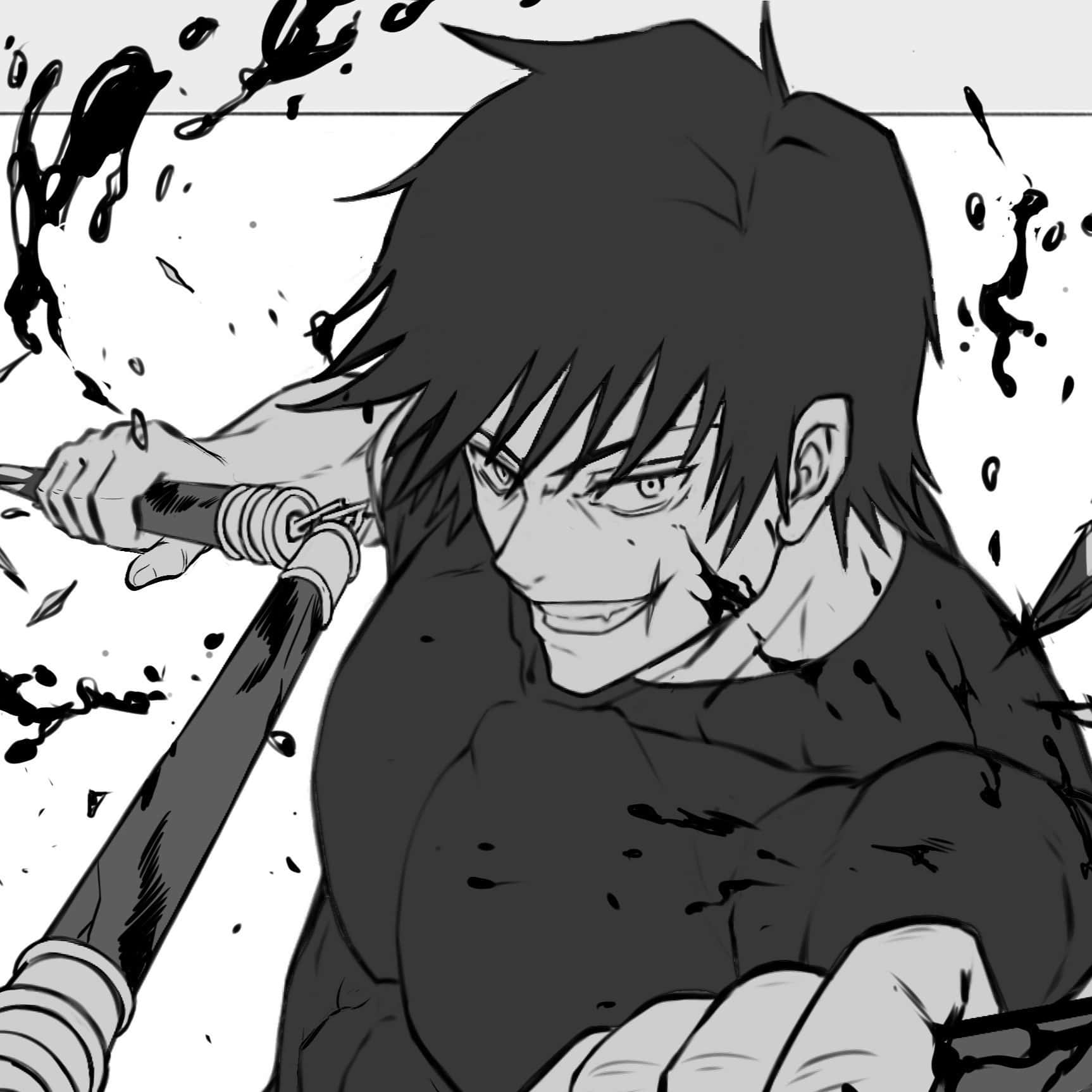  壁紙 — 一個粗獷的黑白動漫戰士，帶著血淋淋的笑容握著劍，墨水飛濺在他周圍動態飛舞。