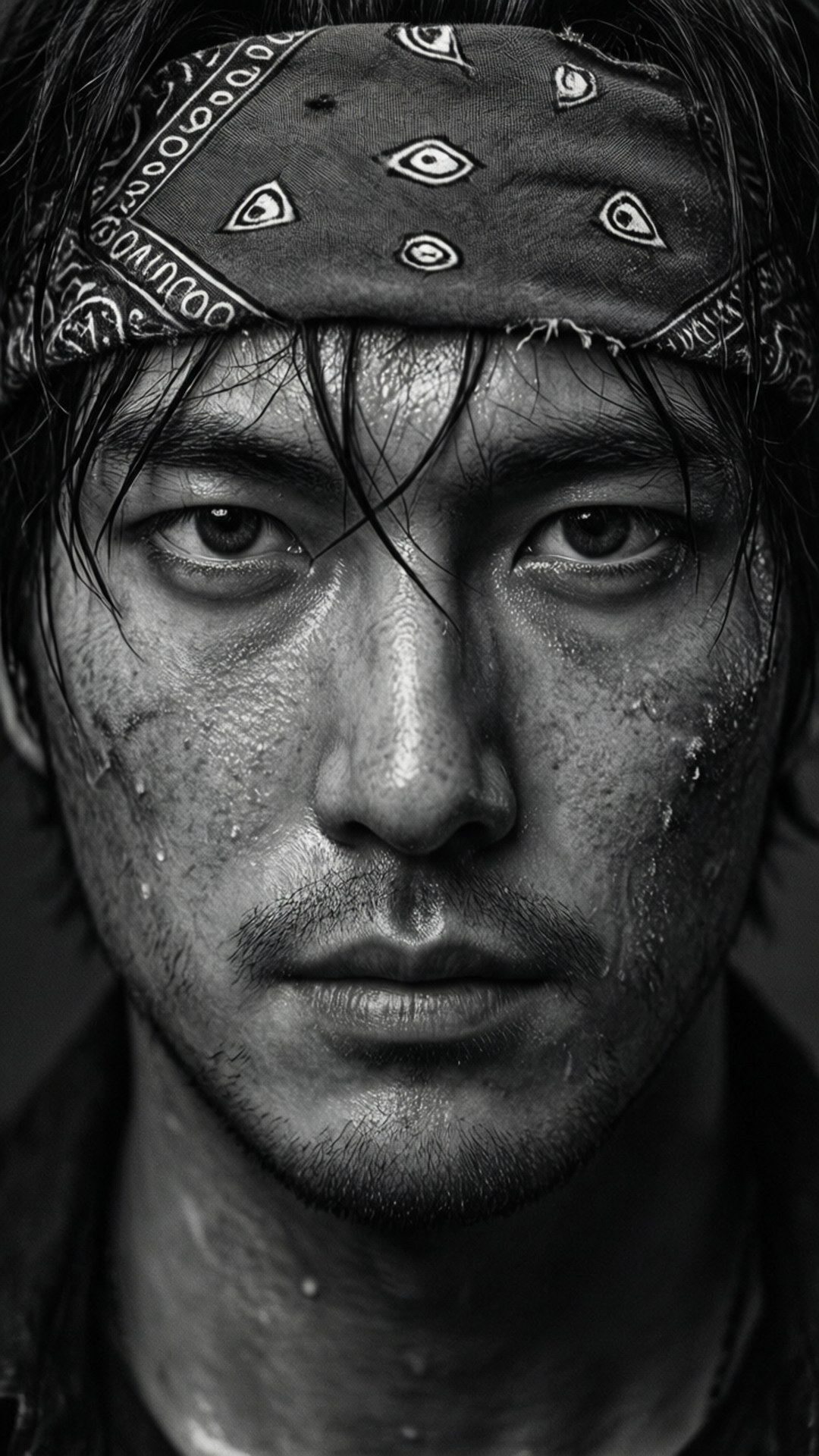 Joe's Intense Portrait 壁紙 — 一個粗糙的黑白特寫，一個男人戴著圖案頭巾，汗水從他緊張的臉上滴下。