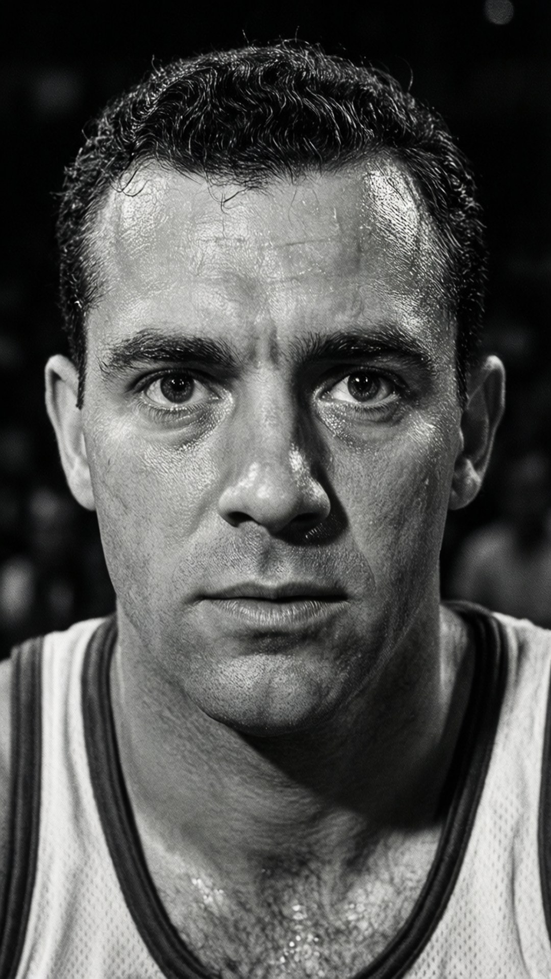 Gritty Cousy Portrait 壁紙 — 一個粗糙的黑白特寫，一個汗流浹背的籃球運動員正凝視著鏡頭。