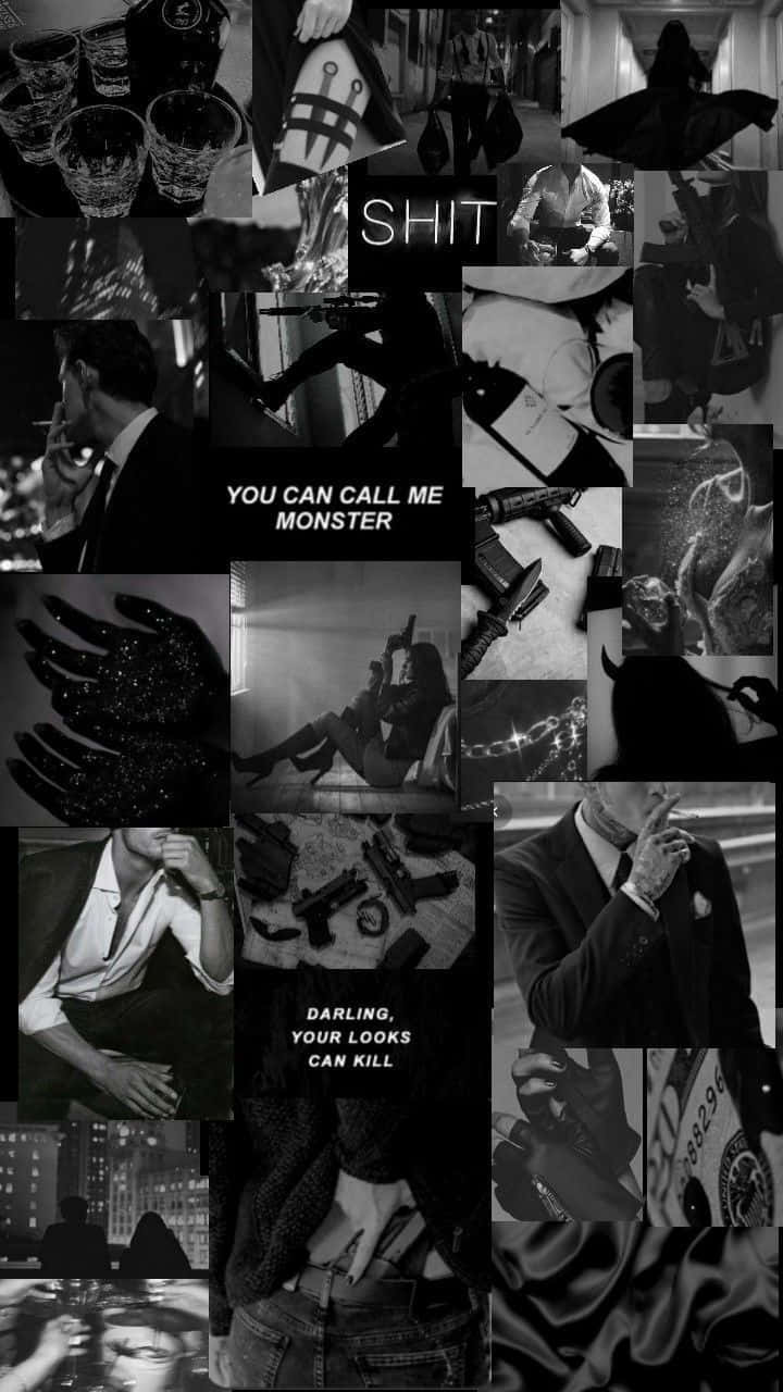 Dark Book Aesthetic 桌布 壁紙 — 一張粗獷的黑白拼貼畫，包含黑暗主題的圖像，如槍支、文字和陰影人物，營造出憂鬱的氛圍。