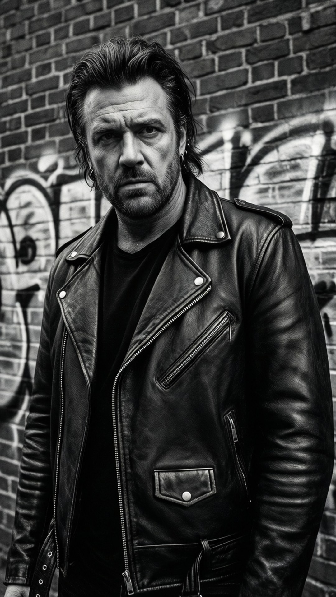 Tough Leather Look 壁紙 — 一個粗獷的黑白肖像，一個穿著皮夾克的粗獷男人站在佈滿塗鴉的磚牆前。