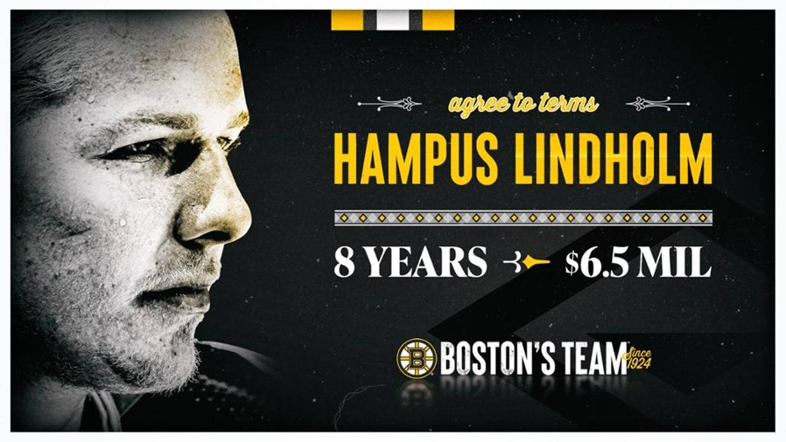 hockey 桌布 壁紙 — Hampus Lindholm 的粗糙黑白肖像，配上粗體黃色文字，宣佈他與波士頓球隊簽訂了為期8年、價值650萬美元的合約。