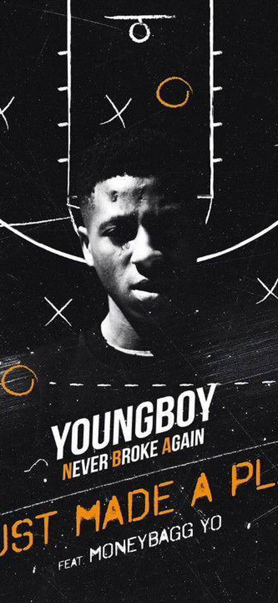 YoungBoy Never Broke Again 的肖像，帶有足球比賽圖表和歌曲標題文字。 — NBA Youngboy 壁紙