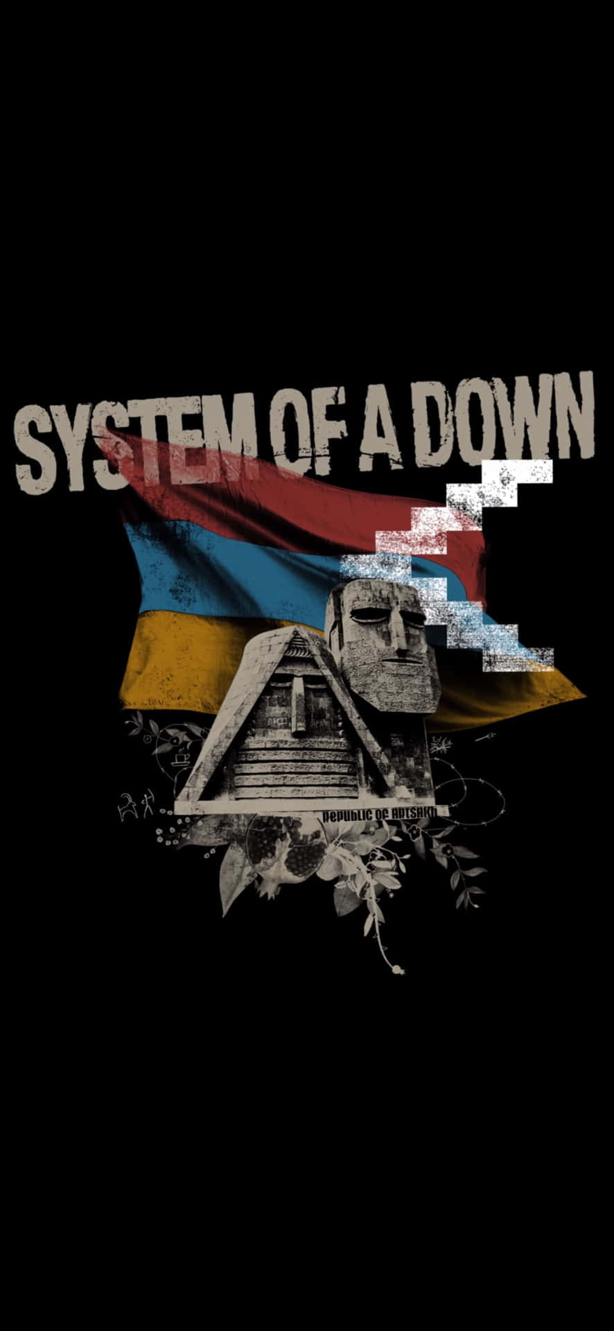  壁紙 — 一個粗糙的圖形設計，以System of a Down樂團為特色，帶有像素化的亞美尼亞國旗和金字塔狀結構，背景為黑色。