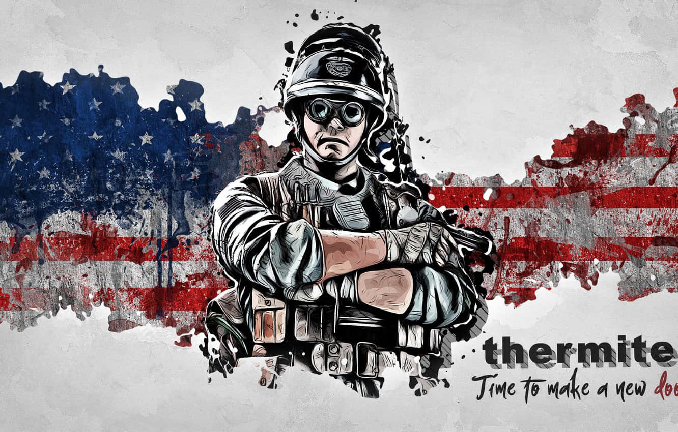 Rainbow Six Siege Thermite 桌布 壁紙 — 一個粗獷的插圖士兵穿著戰鬥裝備，雙臂交叉站在濺有污漬的美國國旗背景前。