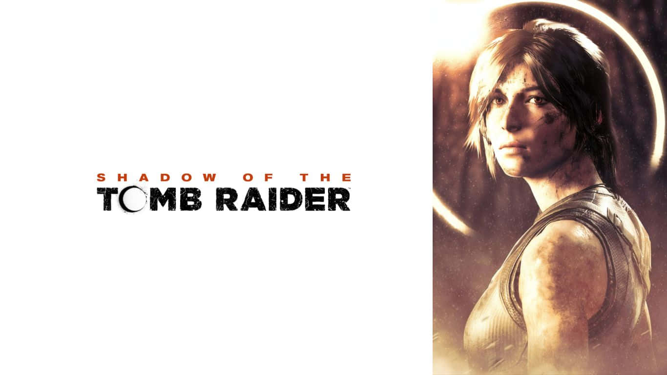 video games 桌布 壁紙 — 《Shadow of the Tomb Raider》中Lara Croft的粗獷肖像，帶有溫暖背光和遊戲標題文字。