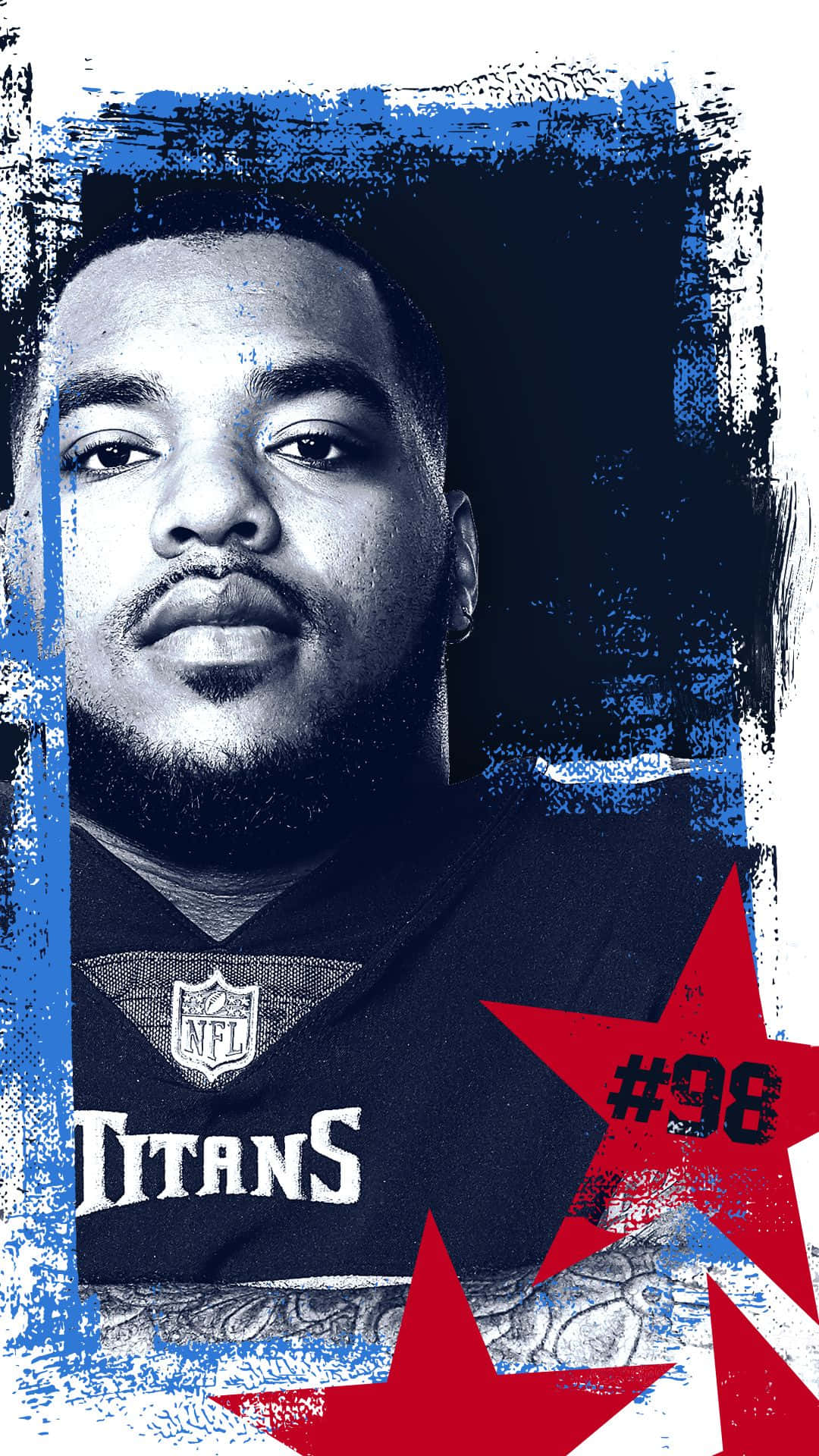  壁紙 — NFL 球員 #98 身穿泰坦隊球衣的粗獷肖像，以大膽的藍色和紅色星星及紋理邊緣框住。