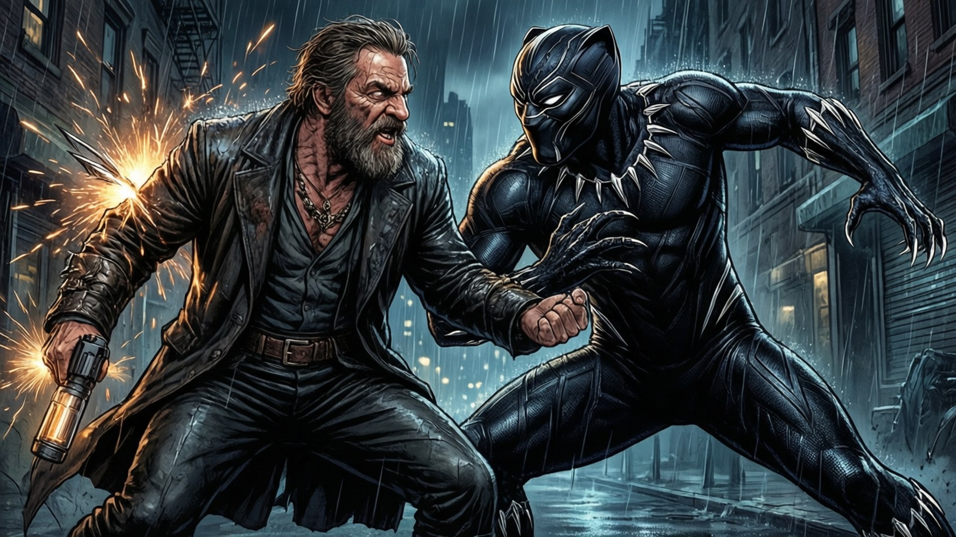 Ulysses Klaue 桌布 壁紙 — 一個鬍鬚男手持火花武器與黑豹在雨中的城市後巷進行一場激烈的街頭對決。