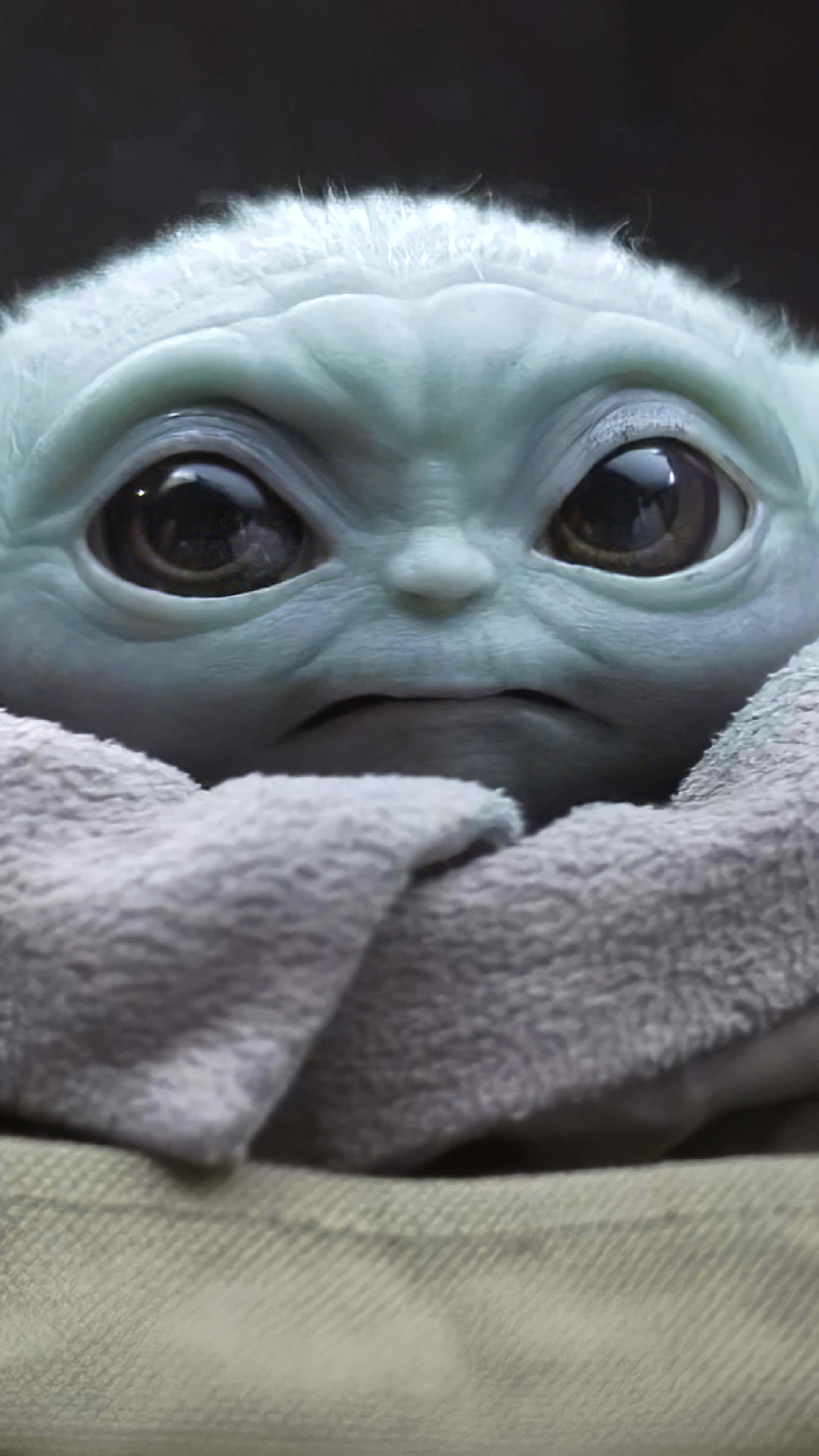 Baby Yoda iPhone 桌布 壁紙 — Grogu 包裹在柔軟毛巾中的特寫，大眼睛富有表現力，表情噘嘴。