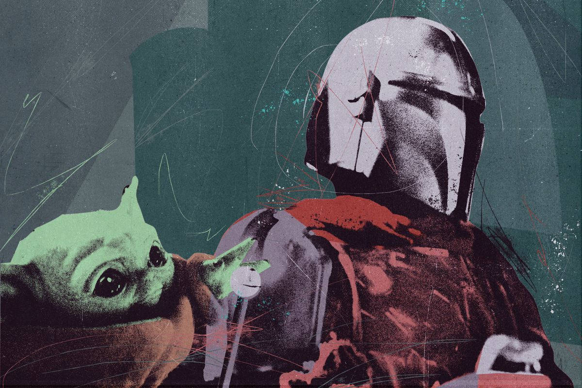 尤達寶寶 桌布 壁紙 — Grogu 和 The Mandalorian 的風格化插圖，在粗糙、有紋理、繪畫般的場景中，帶有青綠色和紅色色調。
