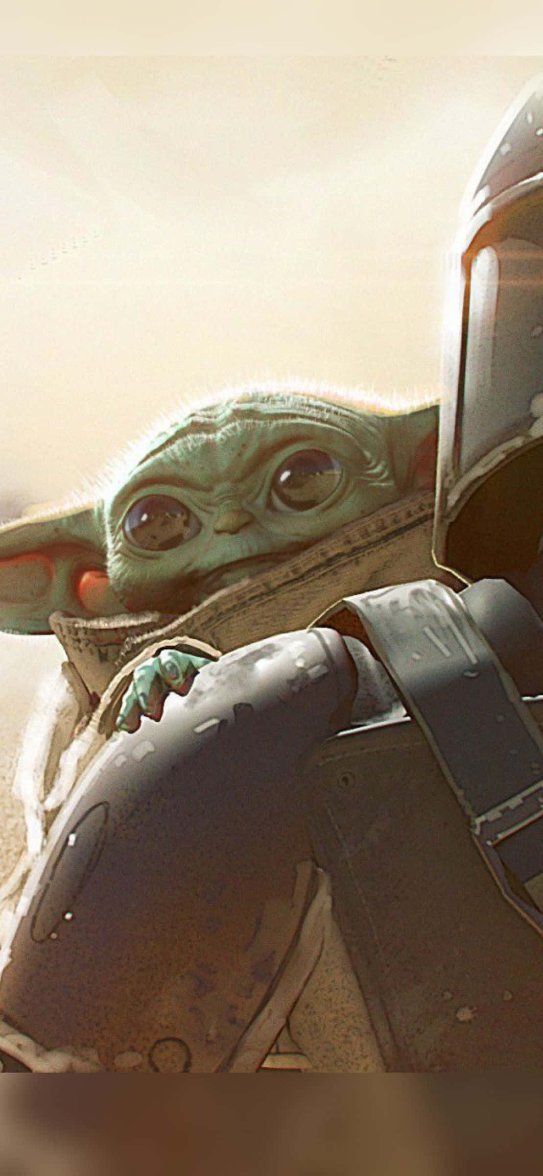 Baby Yoda iPhone 桌布 壁紙 — Grogu 在曼達洛人頭盔後面偷看的特寫，帶有溫暖金色燈光。