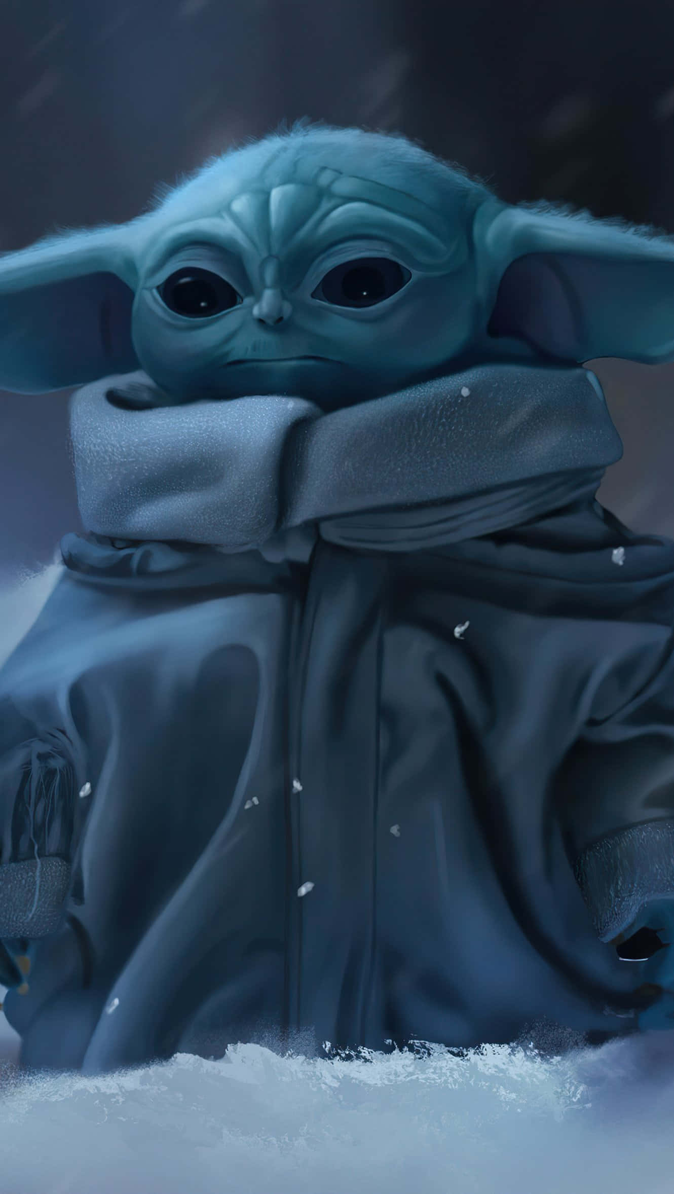 Baby Yoda Phone 桌布 壁紙 — Grogu 身穿深色外套站在雪中，雪花飄落在他周圍的特寫。