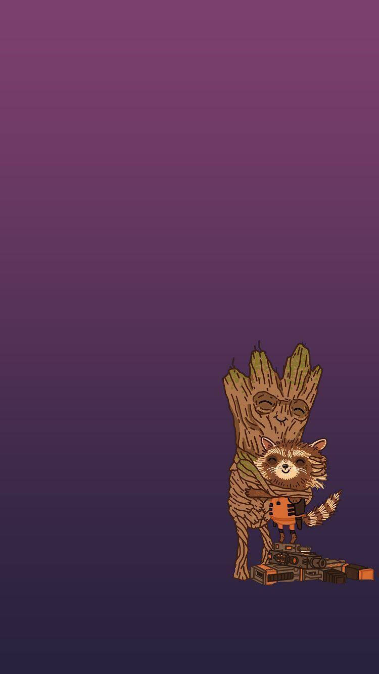 Groot 和 Rocket Raccoon 一起站在紫色漸變背景上。 — 格魯特 GIF 壁紙