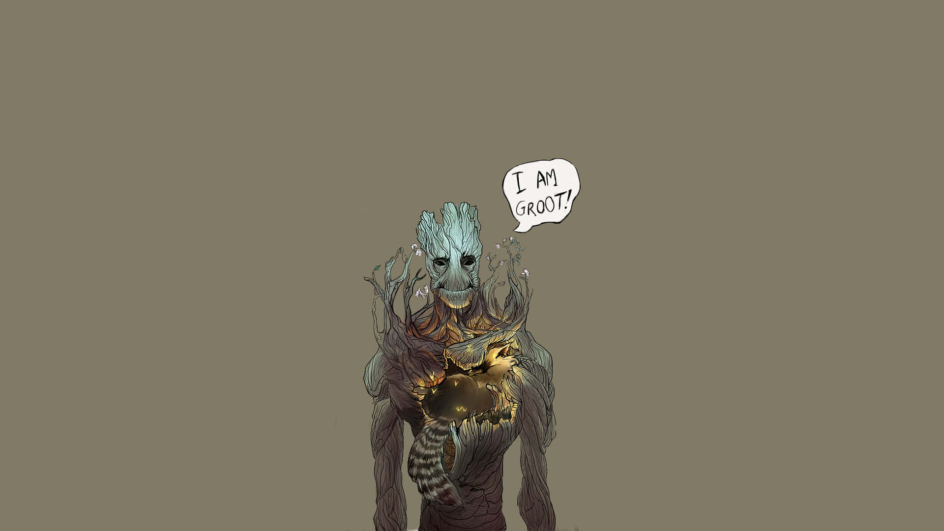 Alternative Art 桌布 壁紙 — Groot 自豪地站在柔和的棕色背景前，對話框宣告「I AM GROOT！」