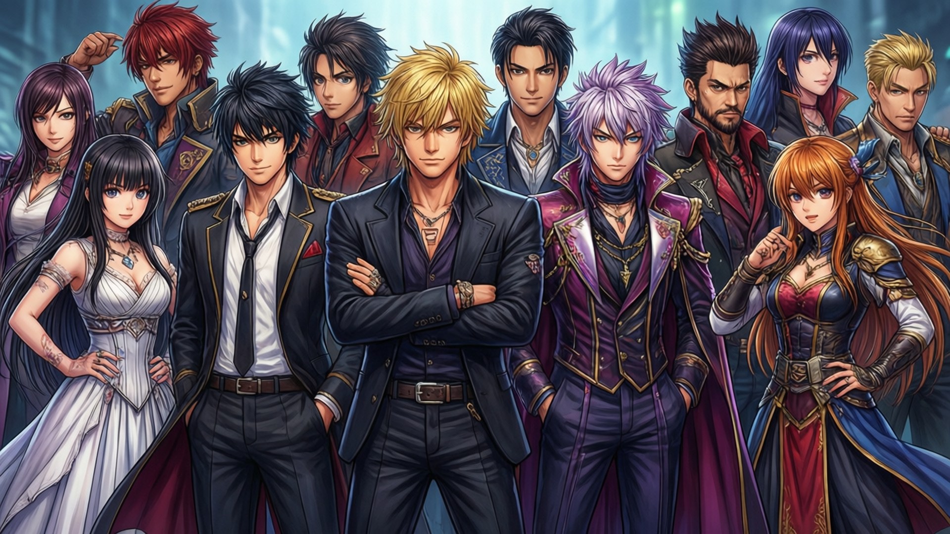 Main Cast Lineup 壁紙 — 一群動漫風格的角色穿著精細的奇幻服裝，在發光的藍色背景前自信地擺姿勢。