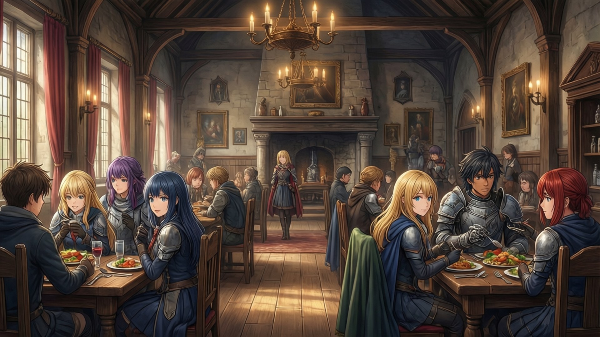 Monastery Mealtime 壁紙 — 一群身穿盔甲的冒險者在溫暖燈光的中世紀酒館中用餐，酒館有石牆和木樑。