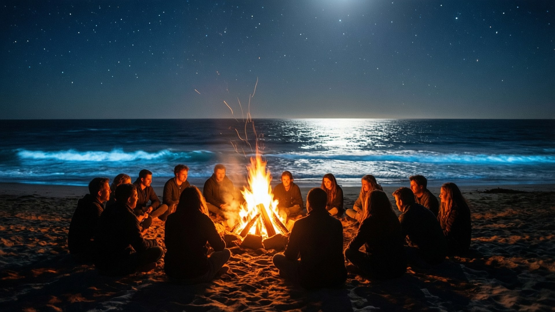 Bonfire 桌布 壁紙 — 一群朋友在明亮的月光下，聚集在星光海灘上發光的營火旁。