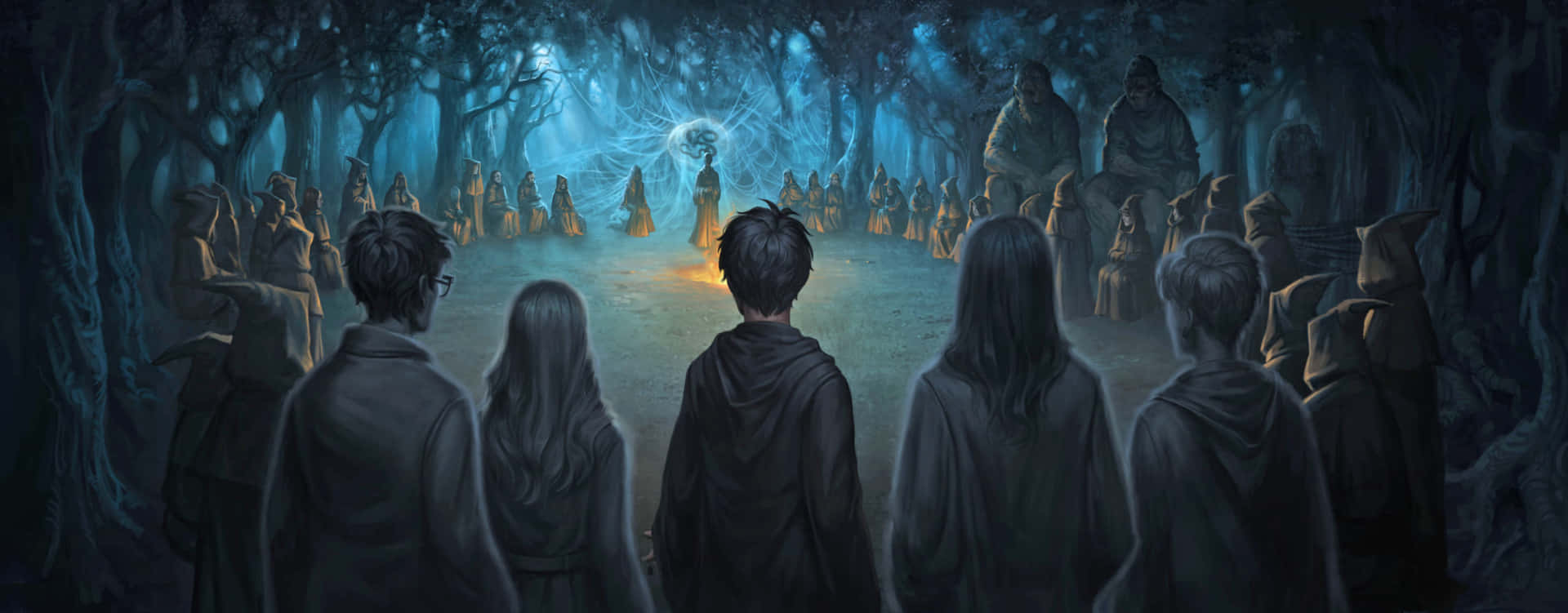  壁紙 — 一群戴著兜帽的人物站在黑暗的森林圈中，觀看在月光下發光的魔法儀式。