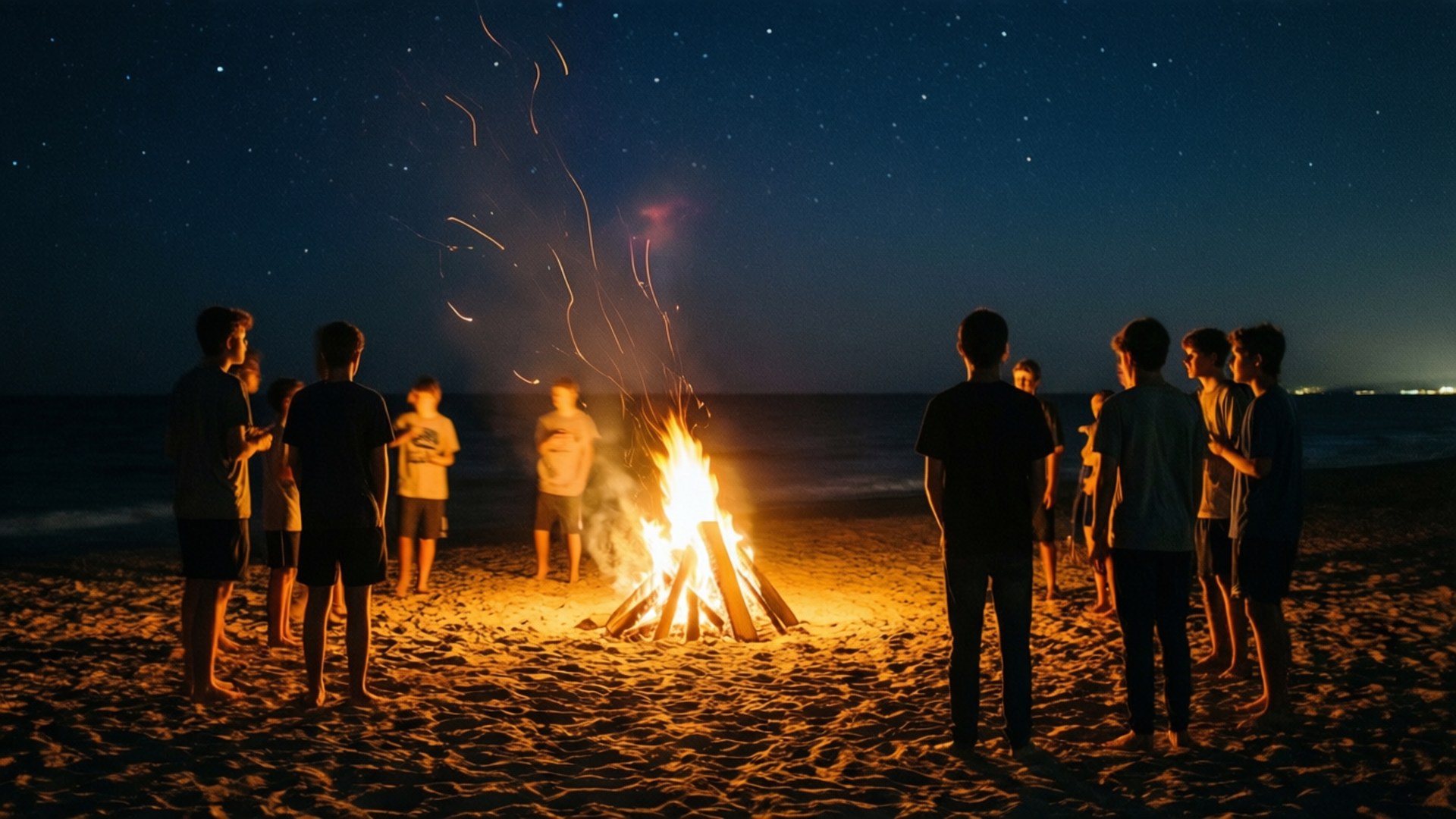 Night Bonfire 壁紙 — 一群人在繁星點點的海灘上，夜晚圍著熊熊燃燒的營火，火花向上飛舞。
