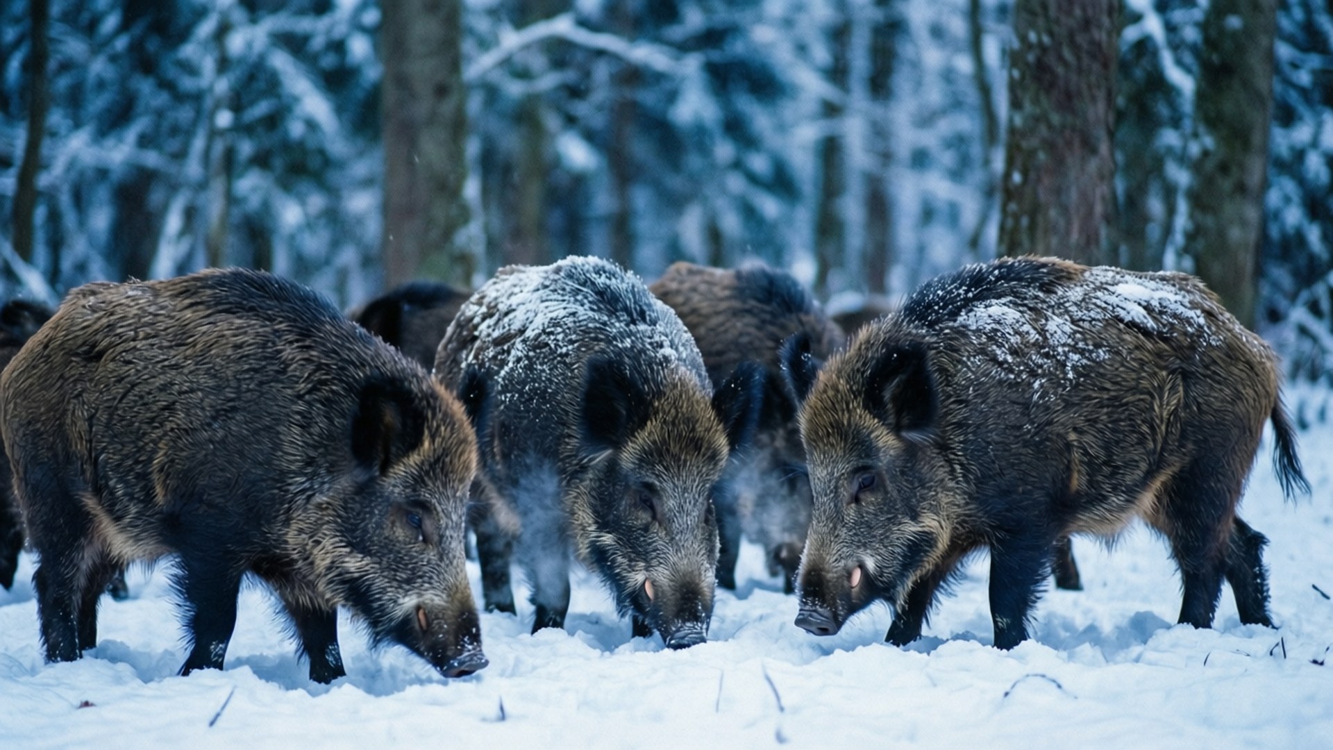 Snow Foraging Boars 壁紙 — 一群背部沾滿雪的野豬在寒冷的藍色暮色下，在深雪森林中覓食。