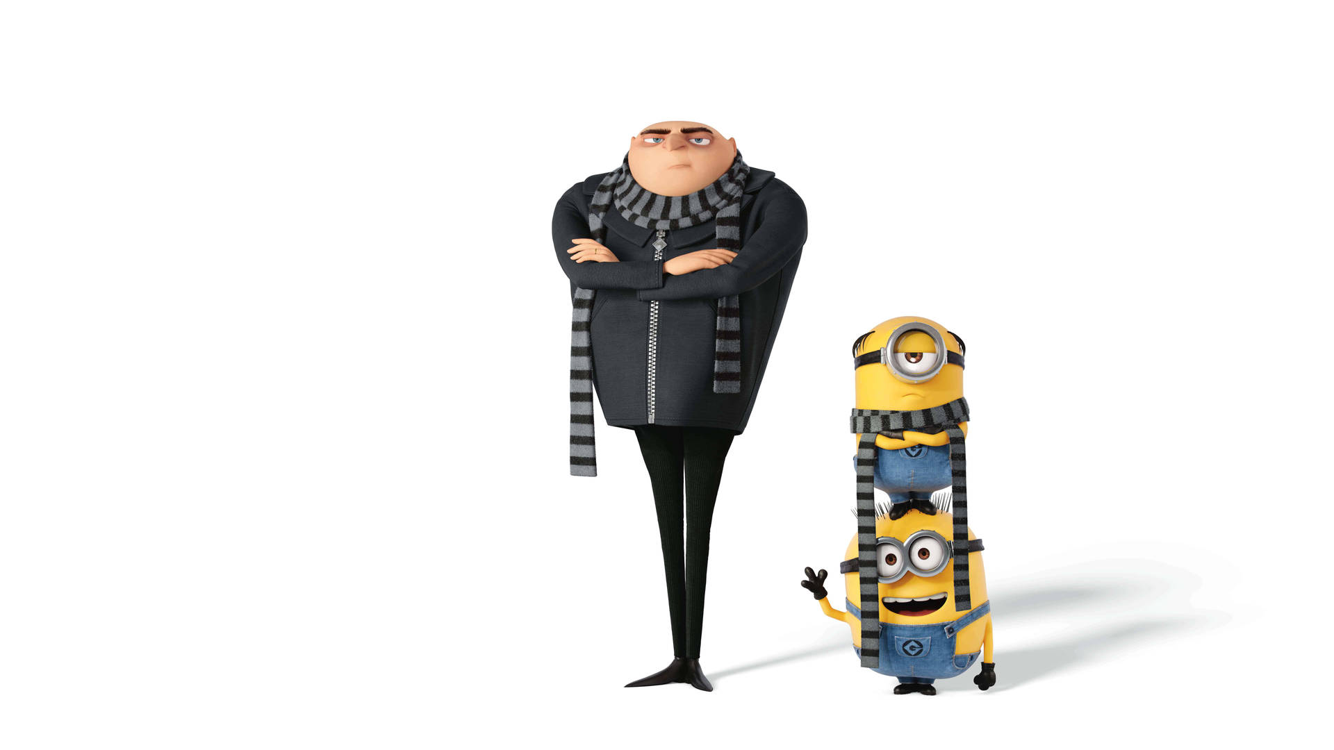 Gru 和一個戴著條紋圍巾的 Minion 站在一起。 — 神偷奶爸 GIF 壁紙
