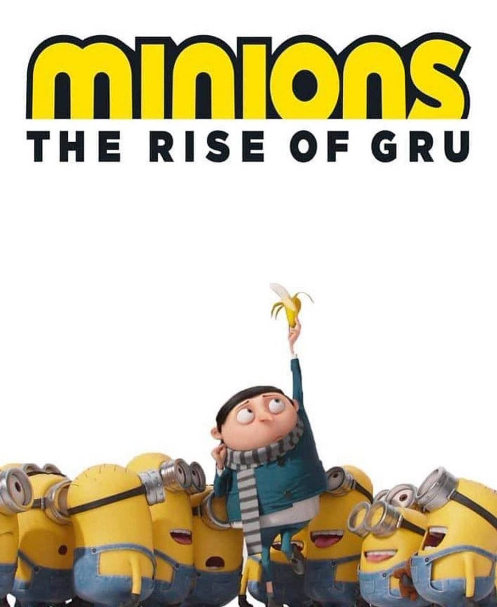 gru 桌布 壁紙 — Gru 戴著條紋圍巾，高舉香蕉在頭頂，被黃色 Minions 包圍，背景是明亮的白色。