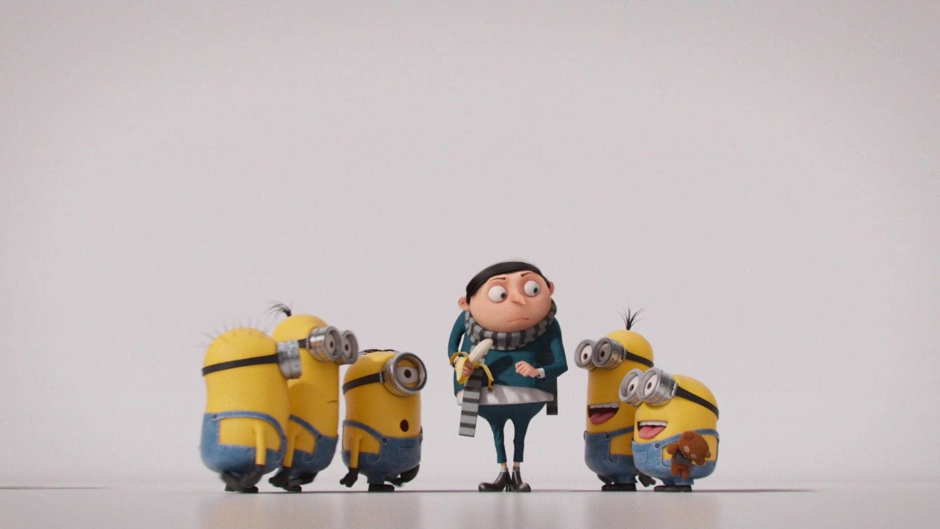 gru 桌布 壁紙 — Gru 站在中央，兩側有四隻黃色Minions，在簡約的白色背景工作室中。