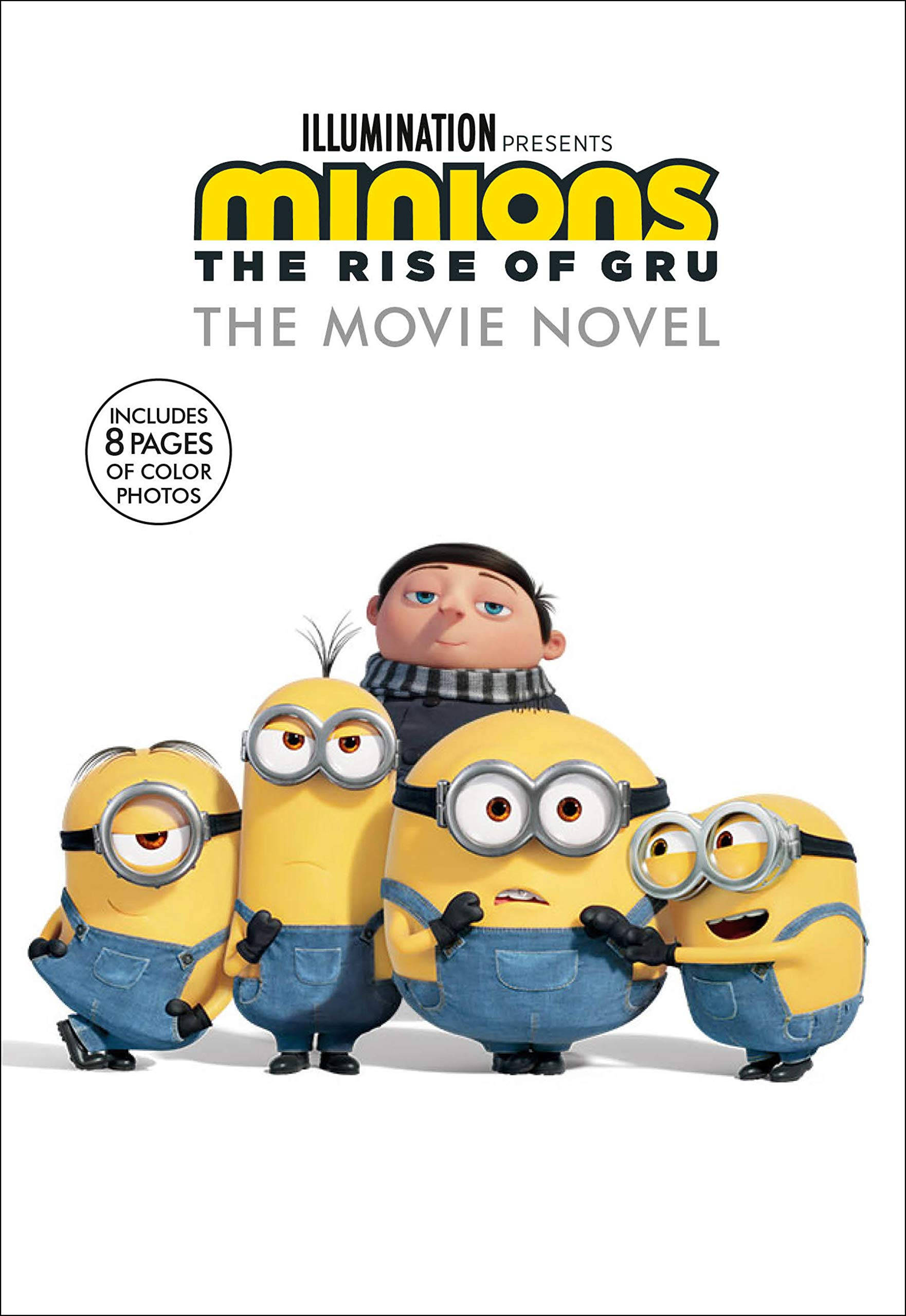 gru 桌布 壁紙 — Gru 站在四個身穿藍色吊帶褲的黃色 Minions 後面，背景為純白色。