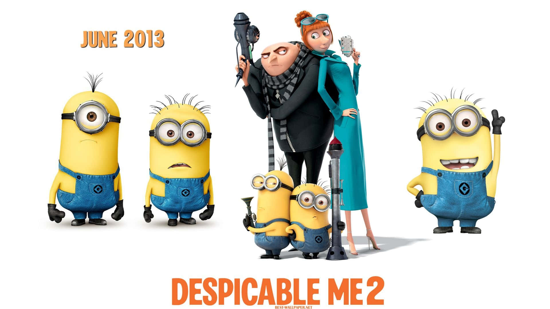 Despicable 桌布 壁紙 — Gru和Lucy與五個穿著藍色工裝褲的黃色Minions站在純白色背景前。