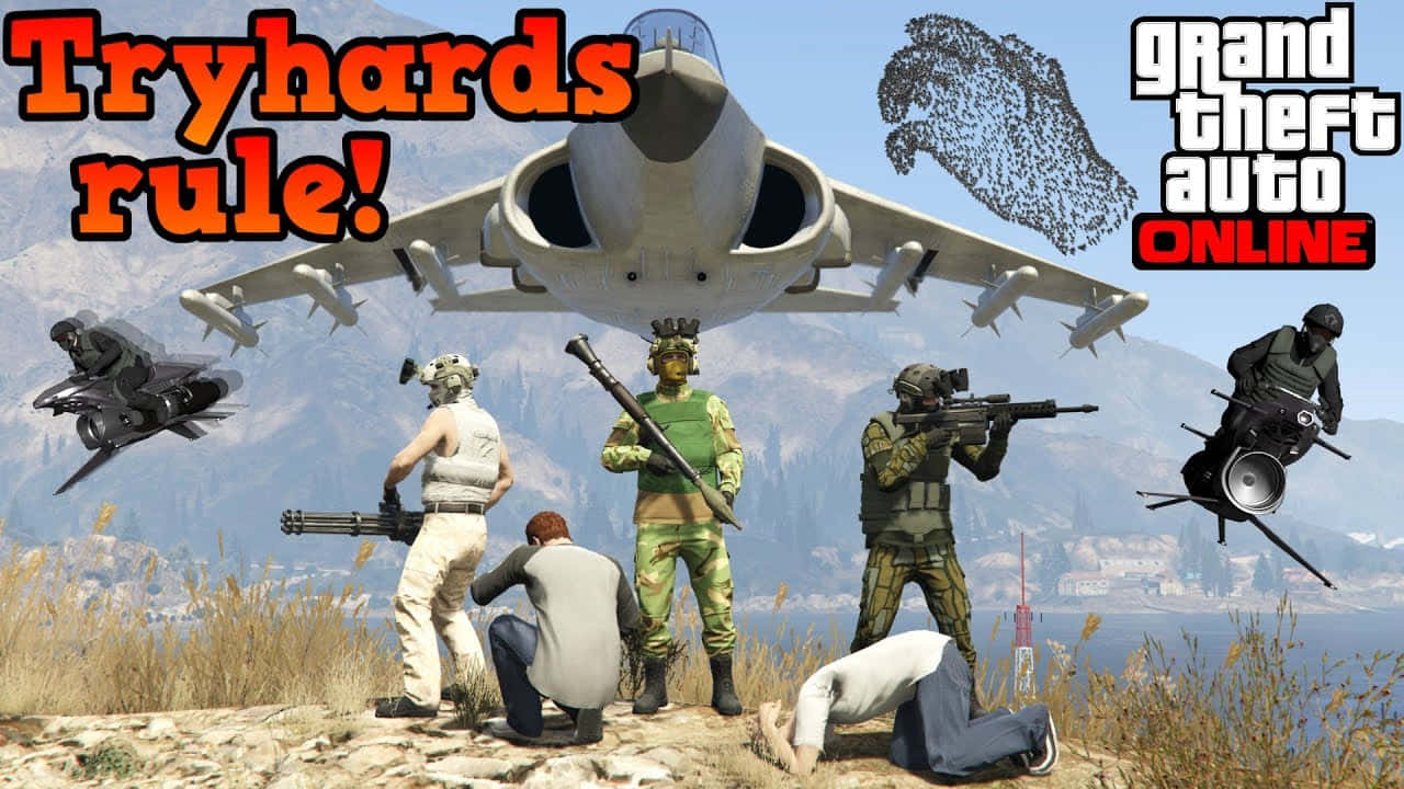Gta Tryhard 桌布 壁紙 — GTA Online 玩家和飛機懸浮在山地景觀上方，帶有「Tryhards rule!」文字。