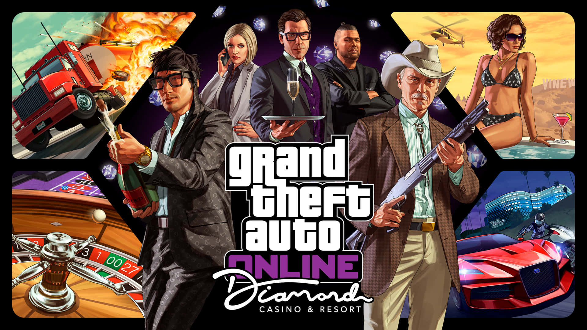 桌布 壁紙 — GTA Online 角色和場景的鮮明拼貼，包括賭場輪盤卡車爆炸和比基尼女郎與直升機。