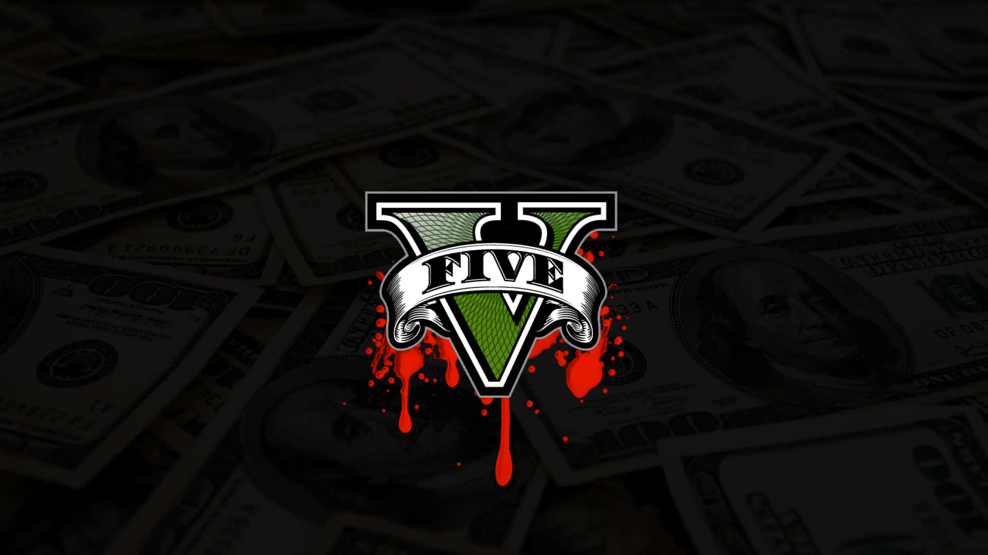 1920x1080 Grand Theft Auto V 桌布 壁紙 — GTA V 標誌滴下紅色血液，落在深色的一堆美國百元鈔票上。