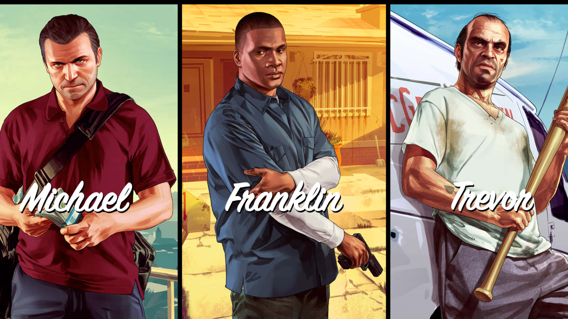 1920x1080 Grand Theft Auto V 桌布 壁紙 — GTA V 的三個主要角色分別站在不同的面板中，每個都手持武器，表情嚴肅。