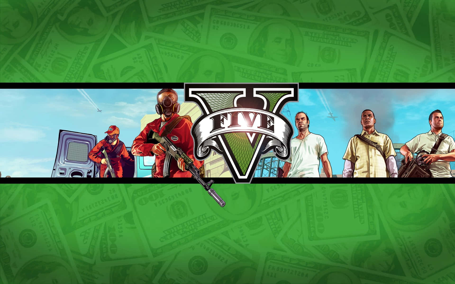 Grand Theft Auto V 桌布 壁紙 — GTA V 角色排成一排，背景為綠色鈔票，遊戲標誌置中。