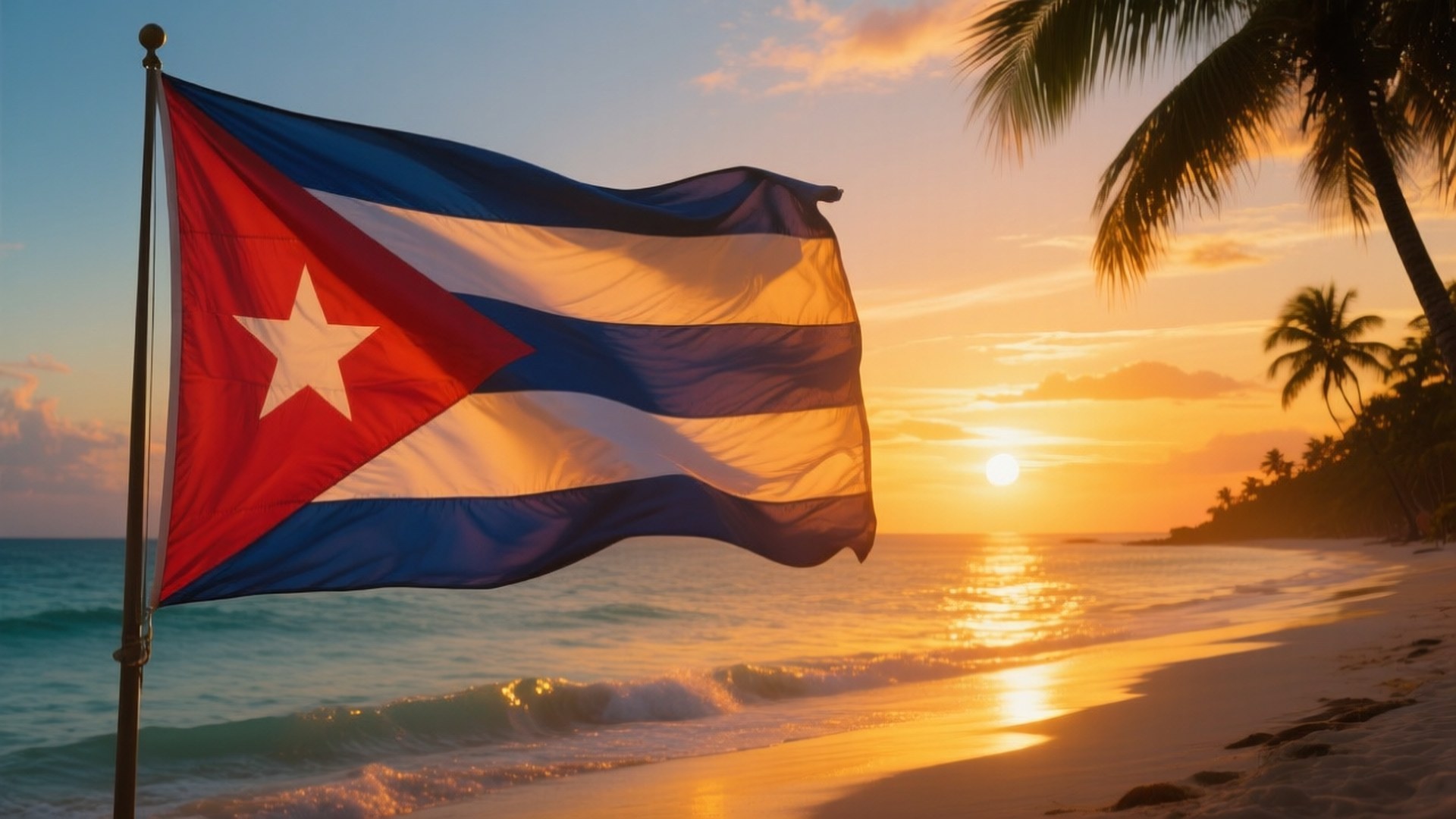 Sunset Flag on Beach 壁紙 — 古巴國旗在金色日落、棕櫚樹和海浪的熱帶海灘上自豪地飄揚。