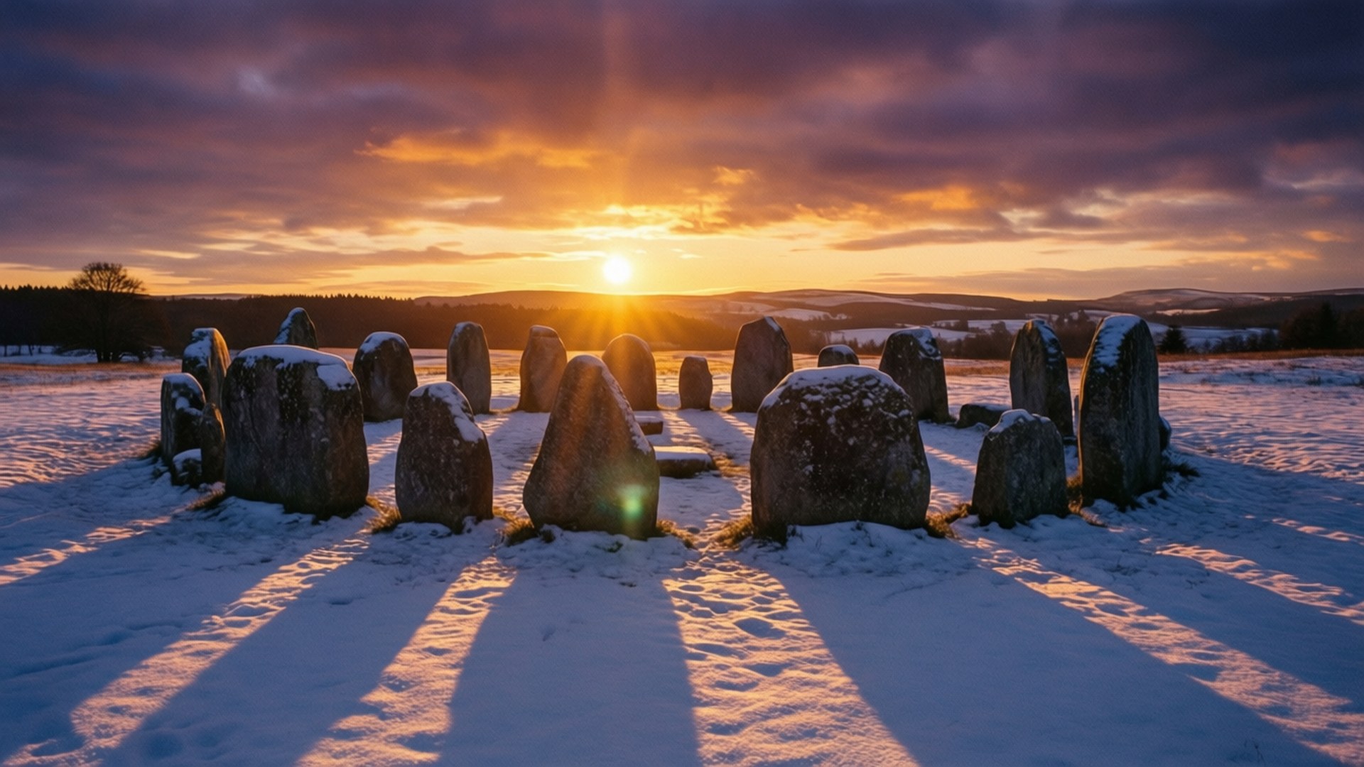 December Solstice Circle 壁紙 — 古代豎立的石頭在雪地上投下長長的影子，太陽在紫色雲層後升起。