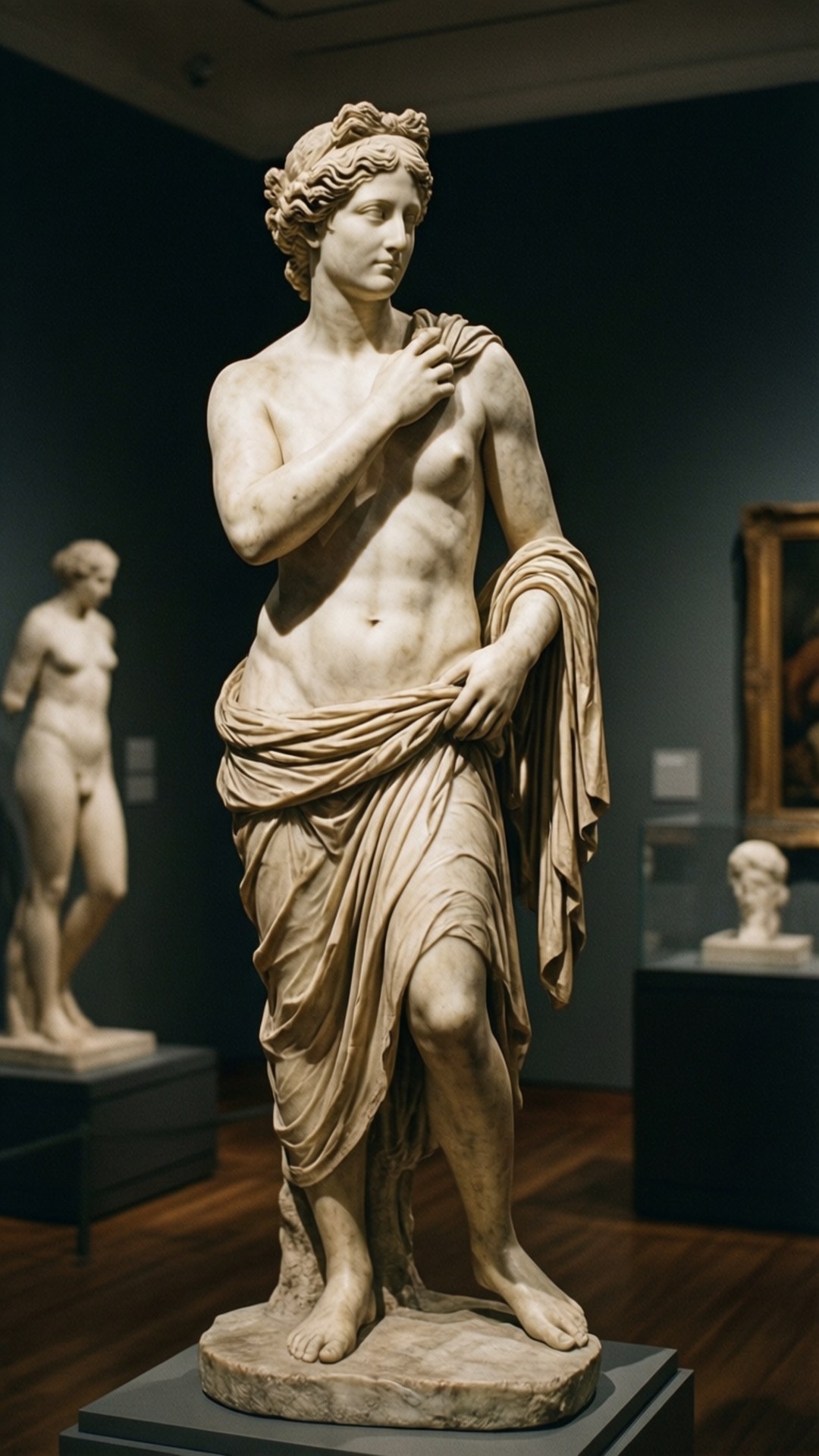 Museum Muse 壁紙 — 一座古典大理石女性雕像，身披垂褶布料，立於昏暗博物館畫廊的基座上。