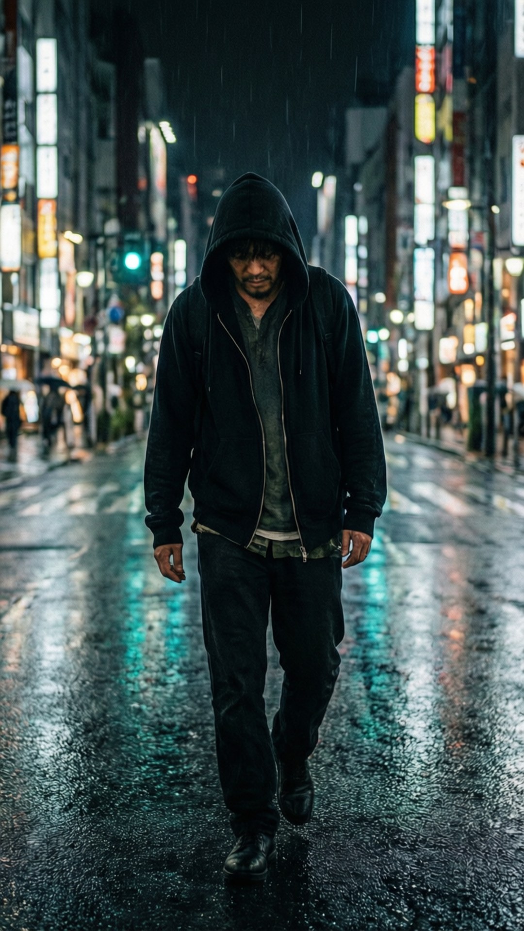 桌布 壁紙 — 一個孤獨的戴帽男子在夜晚走過霓虹燈照亮、雨水浸濕的街道，濕漉漉的人行道反射著光線。