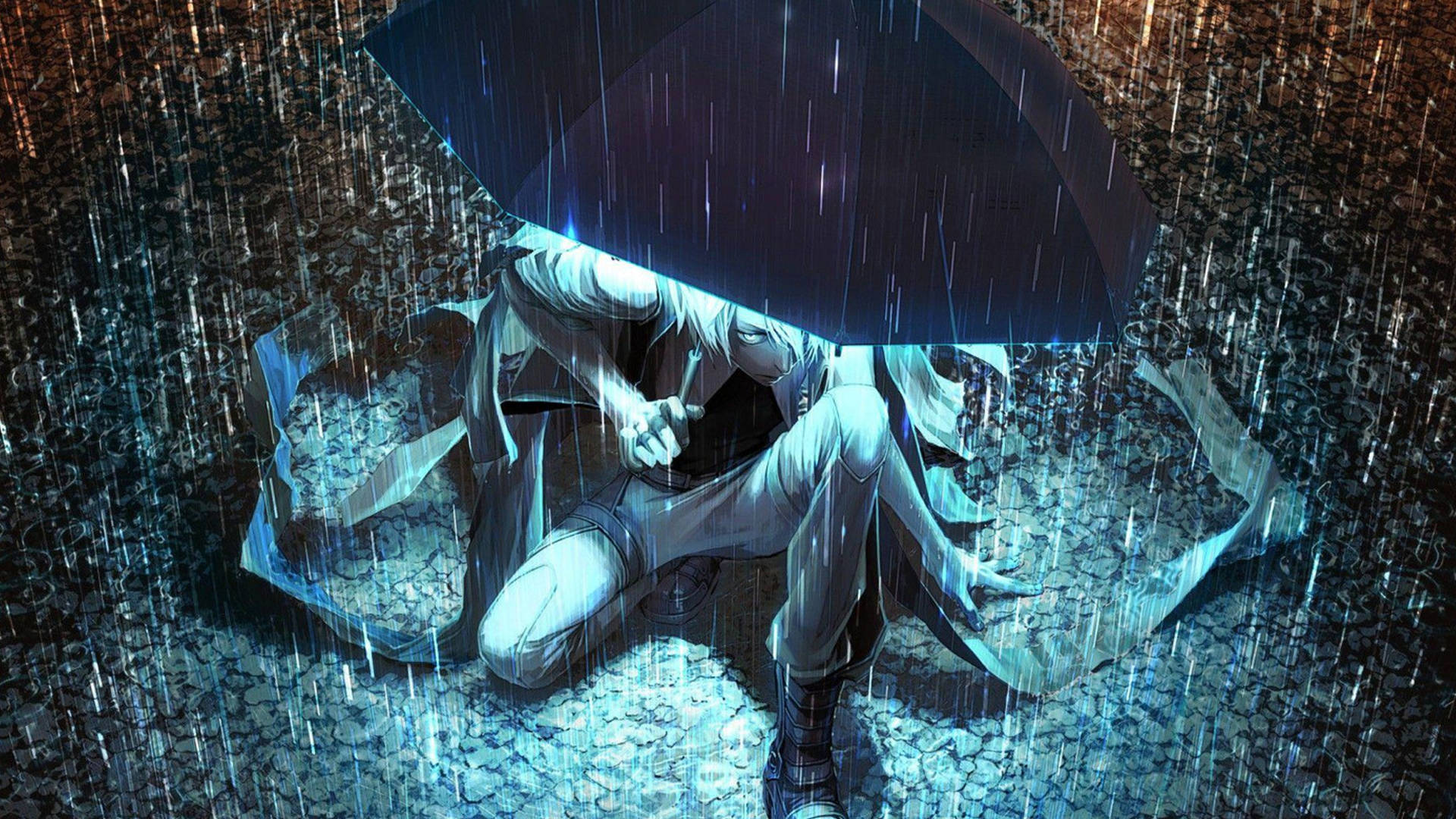 白發動漫角色在夜晚的雨街中坐在雨傘下。 — 4K 壁紙