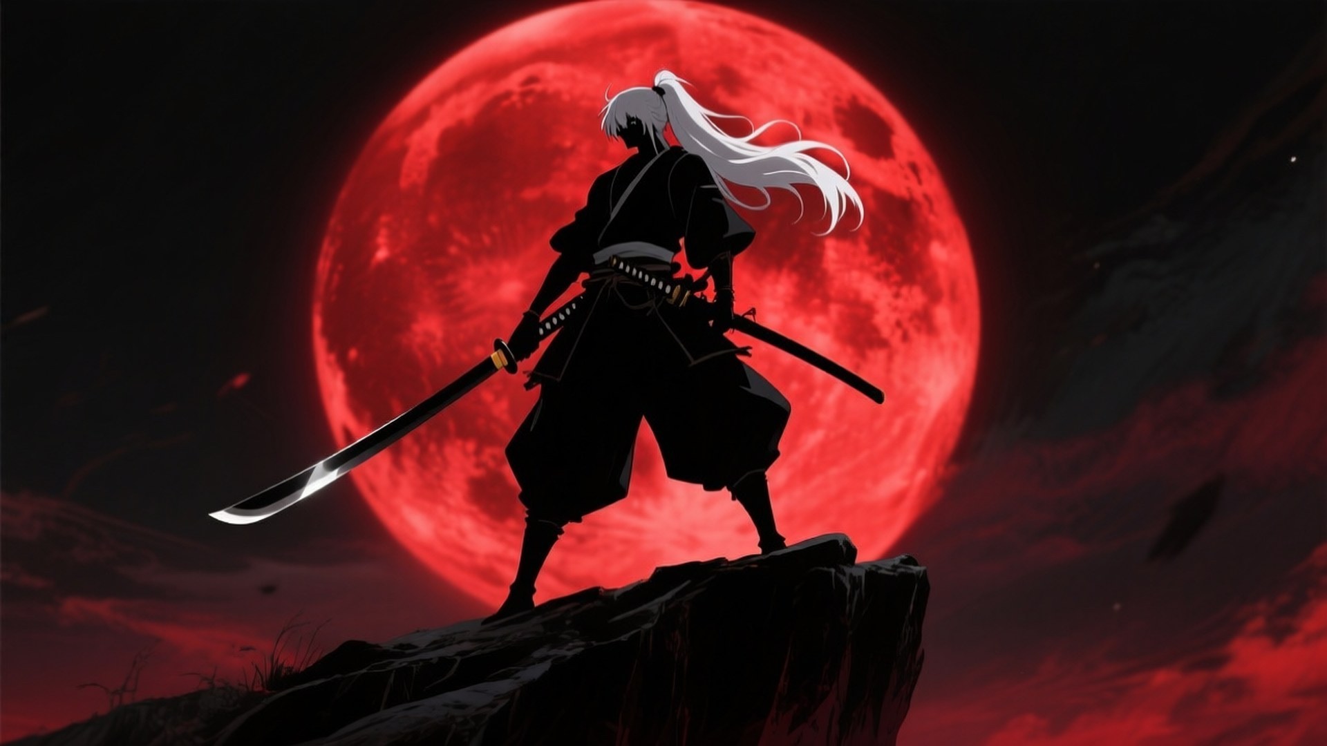 Crimson Moon Samurai 壁紙 — 一個孤獨的白髮武士站在懸崖上，在巨大的紅色月亮襯托下形成剪影，手持兩把劍。