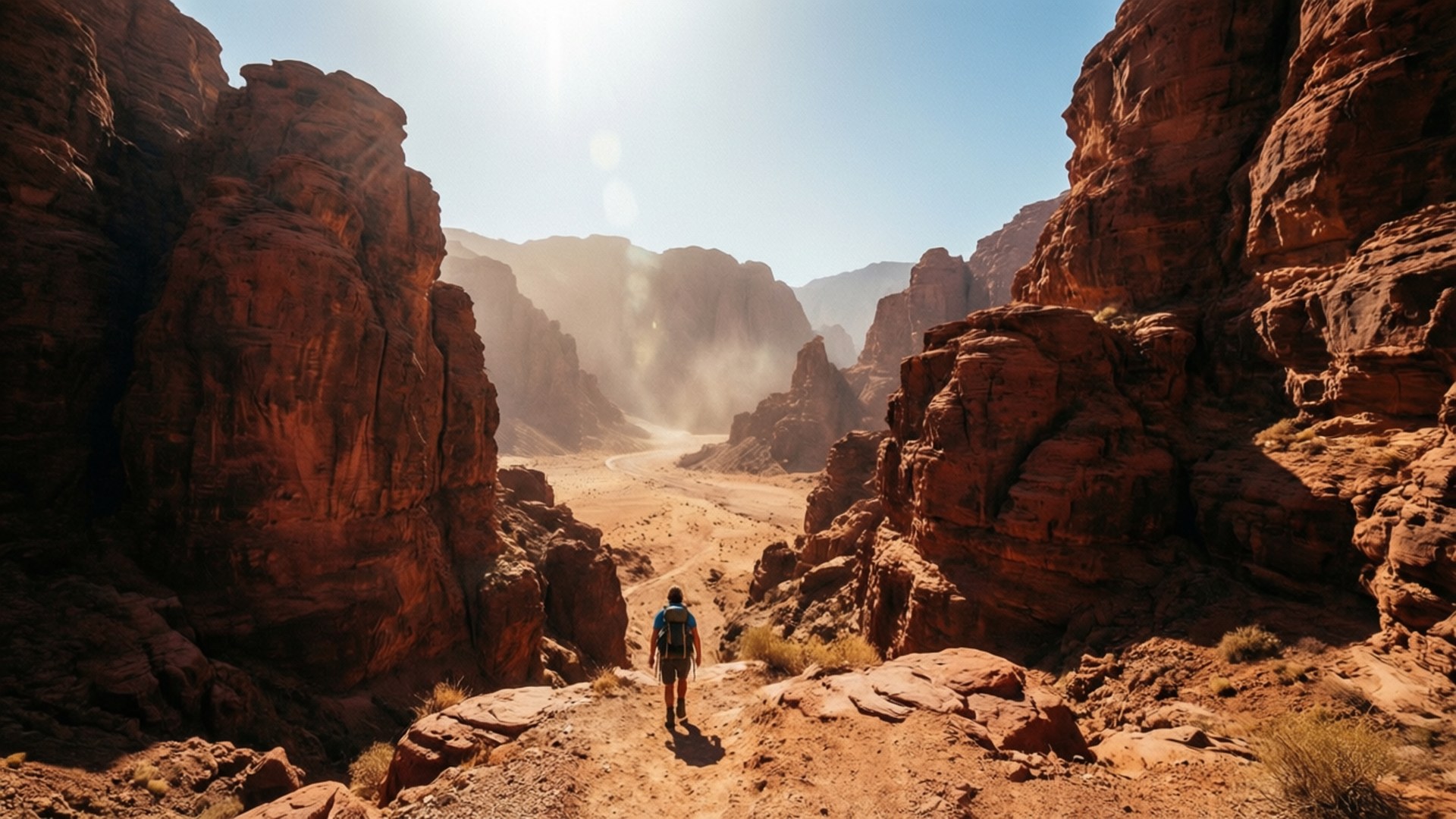 Desert Canyon Trek 壁紙 — 一個孤獨的揹著背包的遠足者，在明亮的陽光下，沿著高聳的紅色岩層之間的塵土小徑行走。