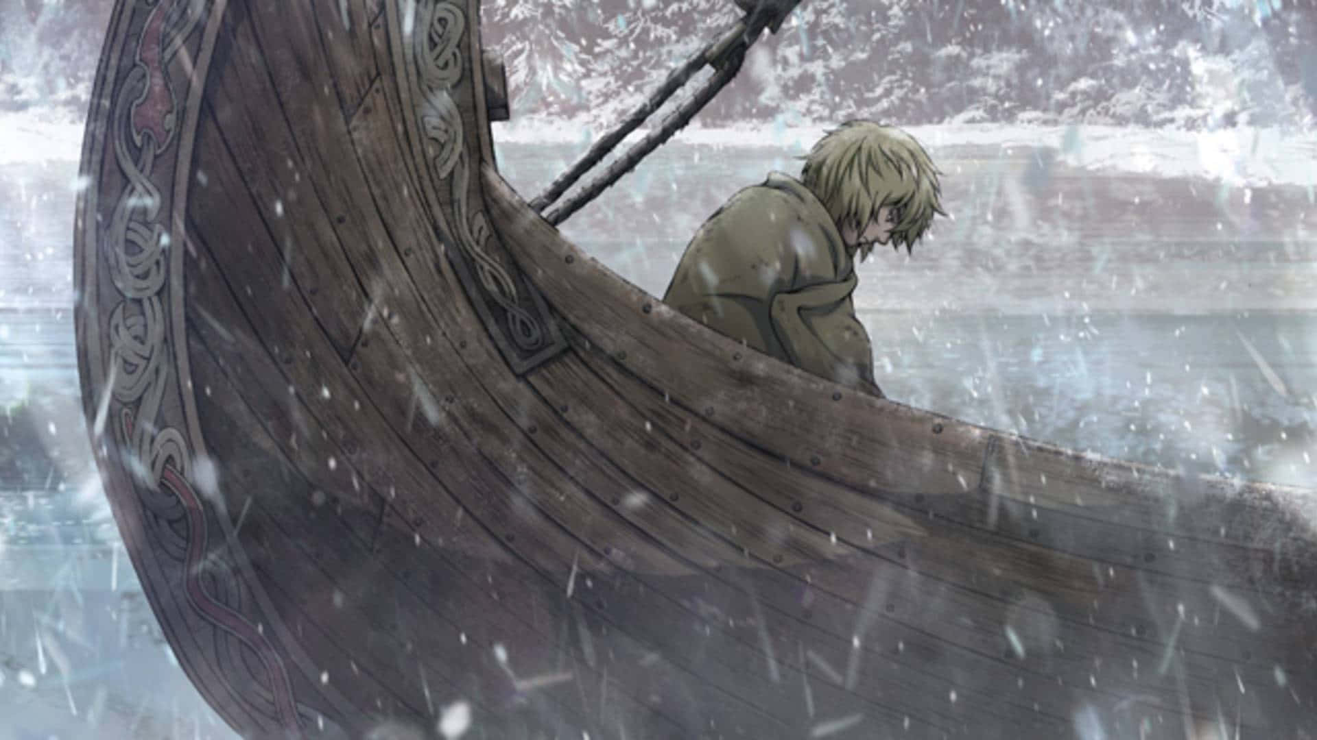  壁紙 — 一個孤獨的金髮人物蜷縮在飽經風霜的維京長船中，大雪紛飛落在冰冷的水面上。