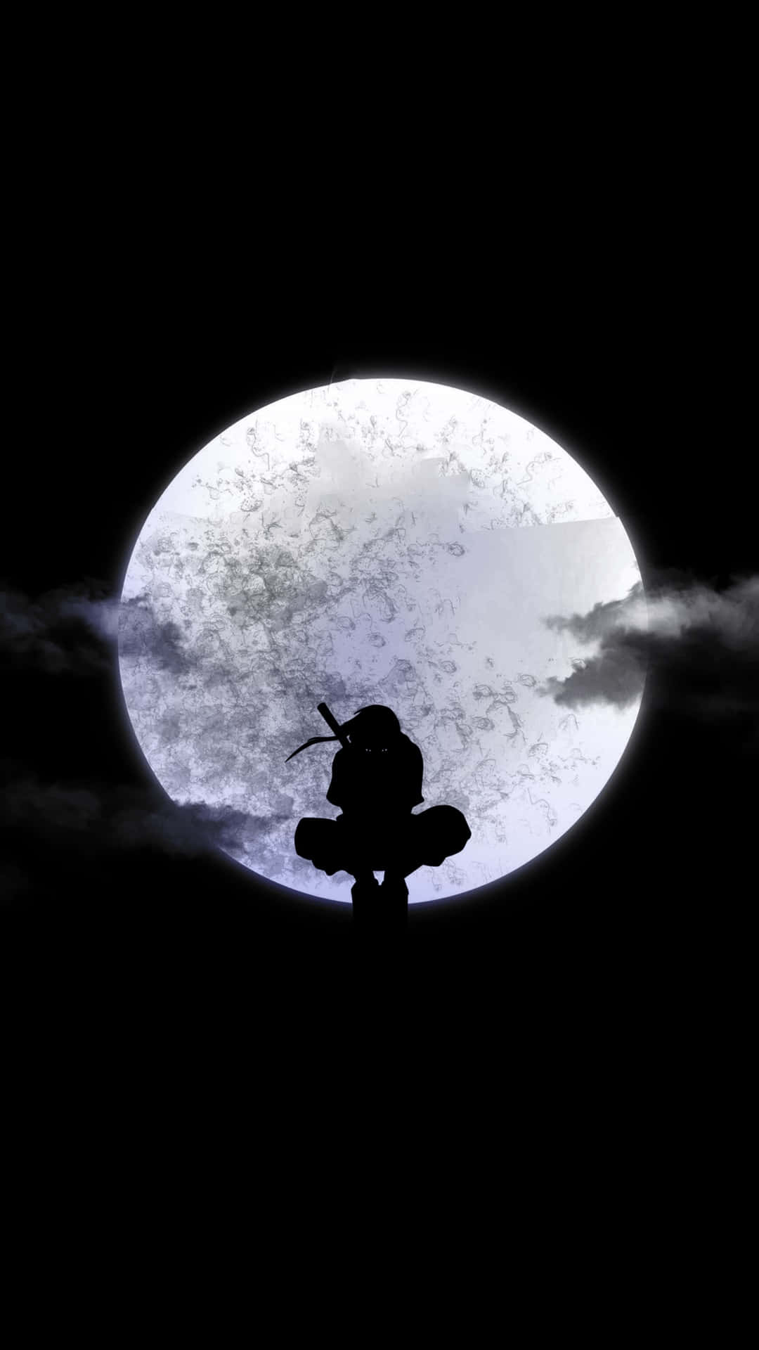  壁紙 — 一個孤獨的忍者剪影在一個被烏雲環繞的巨大紋理滿月前冥想。