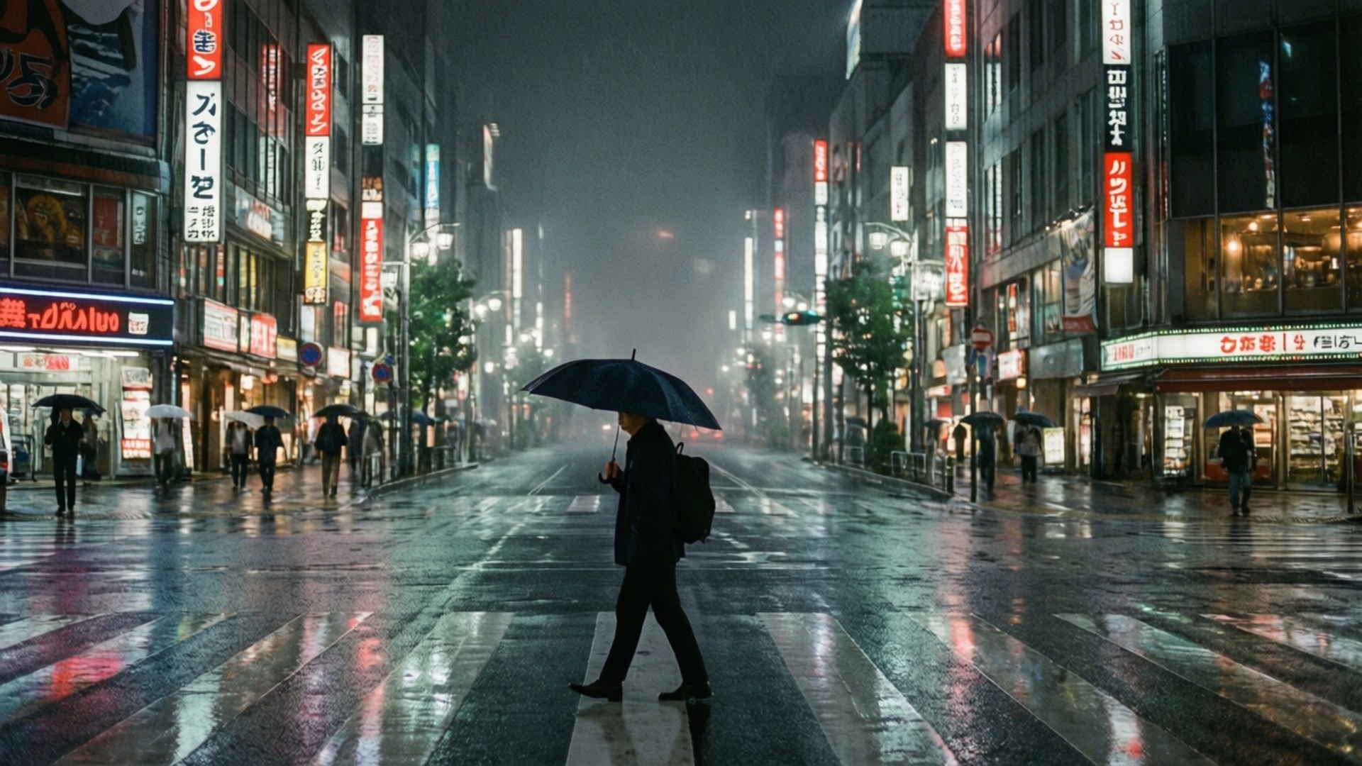 Rainy Night in Isezakai 壁紙 — 一個孤獨的身影撐著黑色雨傘，在夜晚走過濕漉漉的東京霓虹街道，反射著發光的招牌。