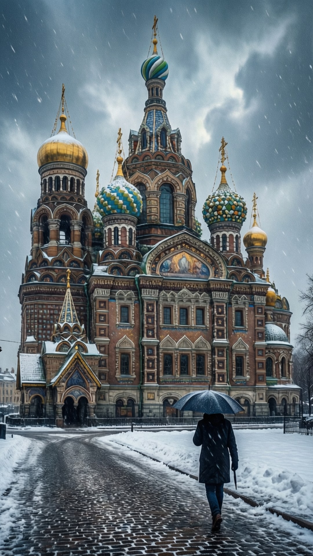 Snowy Savior on Spilled Blood 壁紙 — 一個孤獨的身影撐著傘，沿著灑滿雪花的鵝卵石小徑，走向風暴天空下裝飾華麗、多個圓頂的滴血救世主教堂。