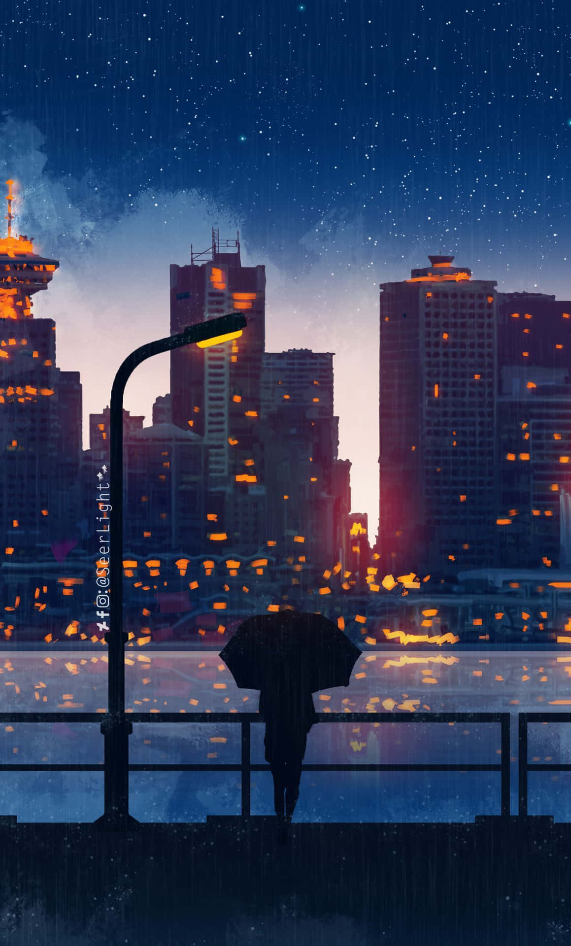  壁紙 — 一個孤獨的身影撐著傘站在欄杆上，星空下，雨水灑落在閃爍的城市景觀上。